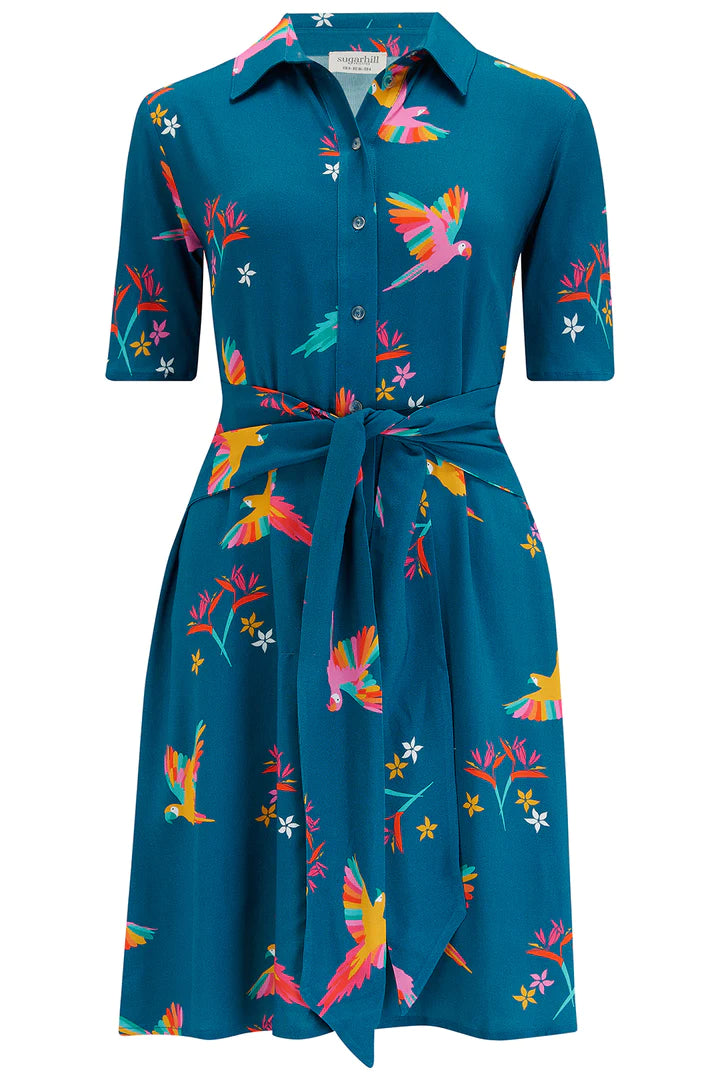 Stylish Dessie Shirt Dress with Teal Rainbow Parrots Print - Women's Flowy Casual Tunic Top for Summer Outings, Beach Vacations & Boho Fashion