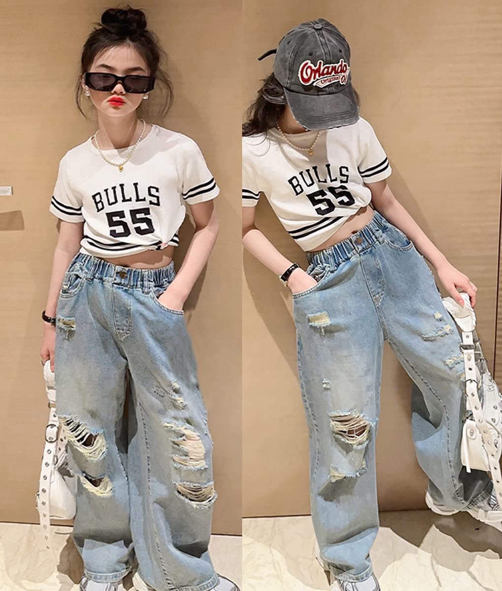 NABER Kids Girls Stretch Elastic Waist Cool Ripped Jeans - Washed Denim Wide Leg Distressed Jeans for Girls Age 5-15 Years - Perfect for School, Playdates & Casual Outfits