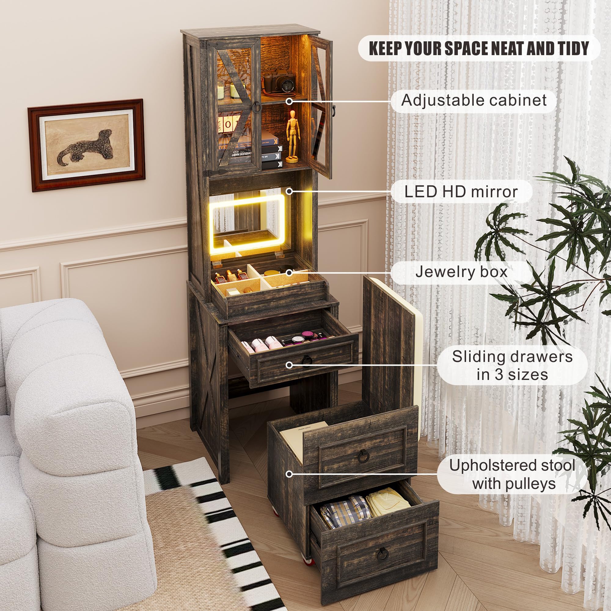 Vanity Desk with Mirror & Stool - Small Makeup Vanity Set with Adjustable LED Lights, Compact Dressing Table with Hidden Storage for Bedroom, Espresso Brown | Perfect for Small Spaces, Home Beauty Salon & Gift for Women