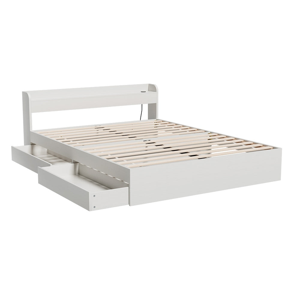 Aura Queen Bed Frame with 2 Storage Drawers & Bonita Pillow Top Mattress - Medium Firm Support - White Finish - Space Saving Bedroom Solution for Small Apartments and Guest Rooms