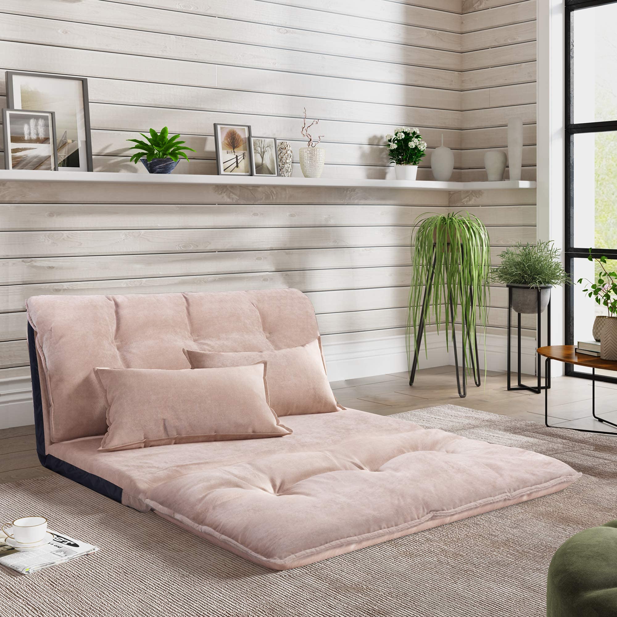 ZEROFEEL Floor Sofa Bed - Convertible Lounge Chair with 5 Reclining Positions, Gaming Sofa & Sleeping Mattress for Small Spaces - Includes 2 Pillows (Beige) | Perfect for Living Room, Bedroom, Game Room & Guest Accommodation