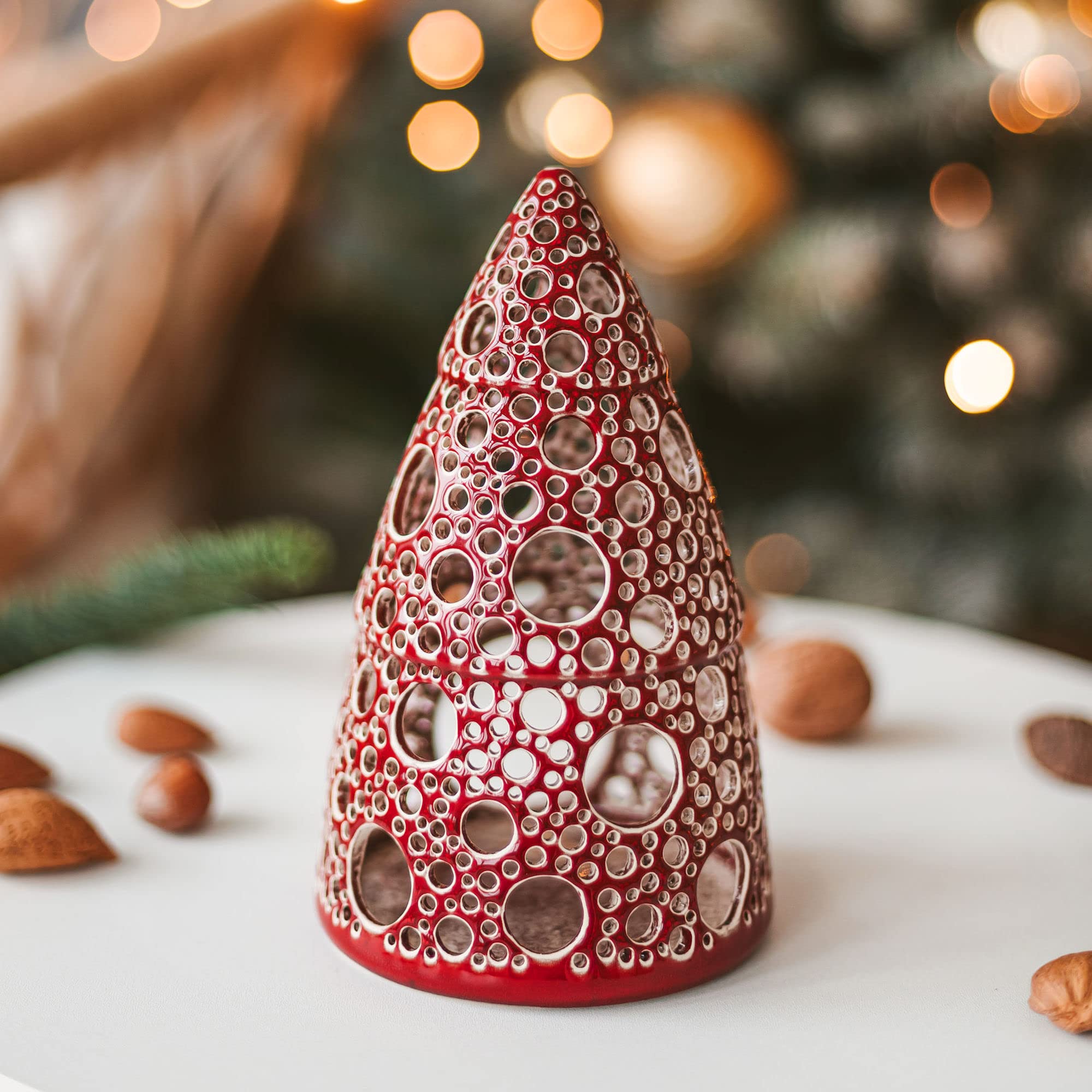 Handmade Red Christmas Tealight Holder - Ceramic Candle Lantern with Stars & Bubbles Design for Holiday Decor, Xmas Tabletop Centerpiece, Gift Idea (Perfect for Mantel Decor, Dinner Party Lighting, Winter Wedding Decorations)
