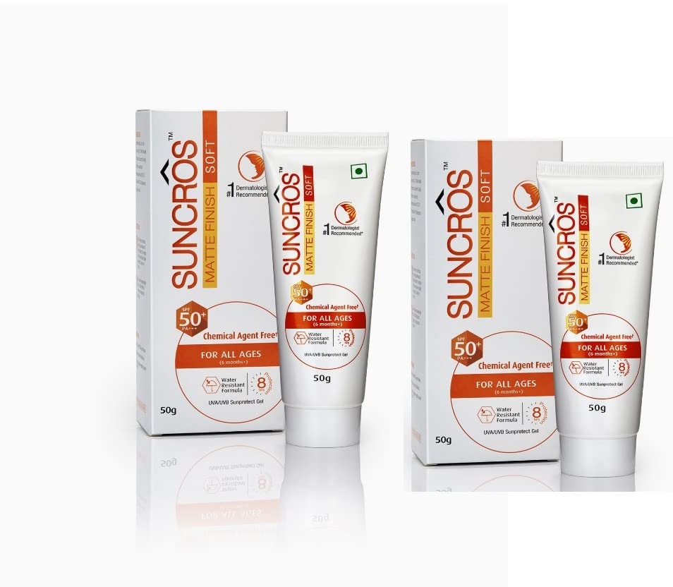 Gosit Suncros Matte Finish Soft Gel SPF 50 PA+++ Sunscreen - Oil-Free UV Protection, Water Resistant, Non-Greasy Formula (Pack of 2, 50g Each) for Daily Face & Body Use - Perfect for Outdoor Activities, Swimming & Beach Days
