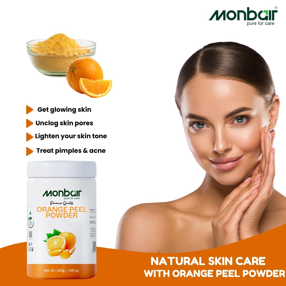 MONBAIR Orange Peel Facepack Powder - 100g | 100% Natural, Chemical-Free | Brightens Skin, Reduces Tan & Oil, Fades Scars, Boosts Collagen | Vitamin C Enriched for Deep Cleansing | Perfect for Daily Skincare & Spa Treatments