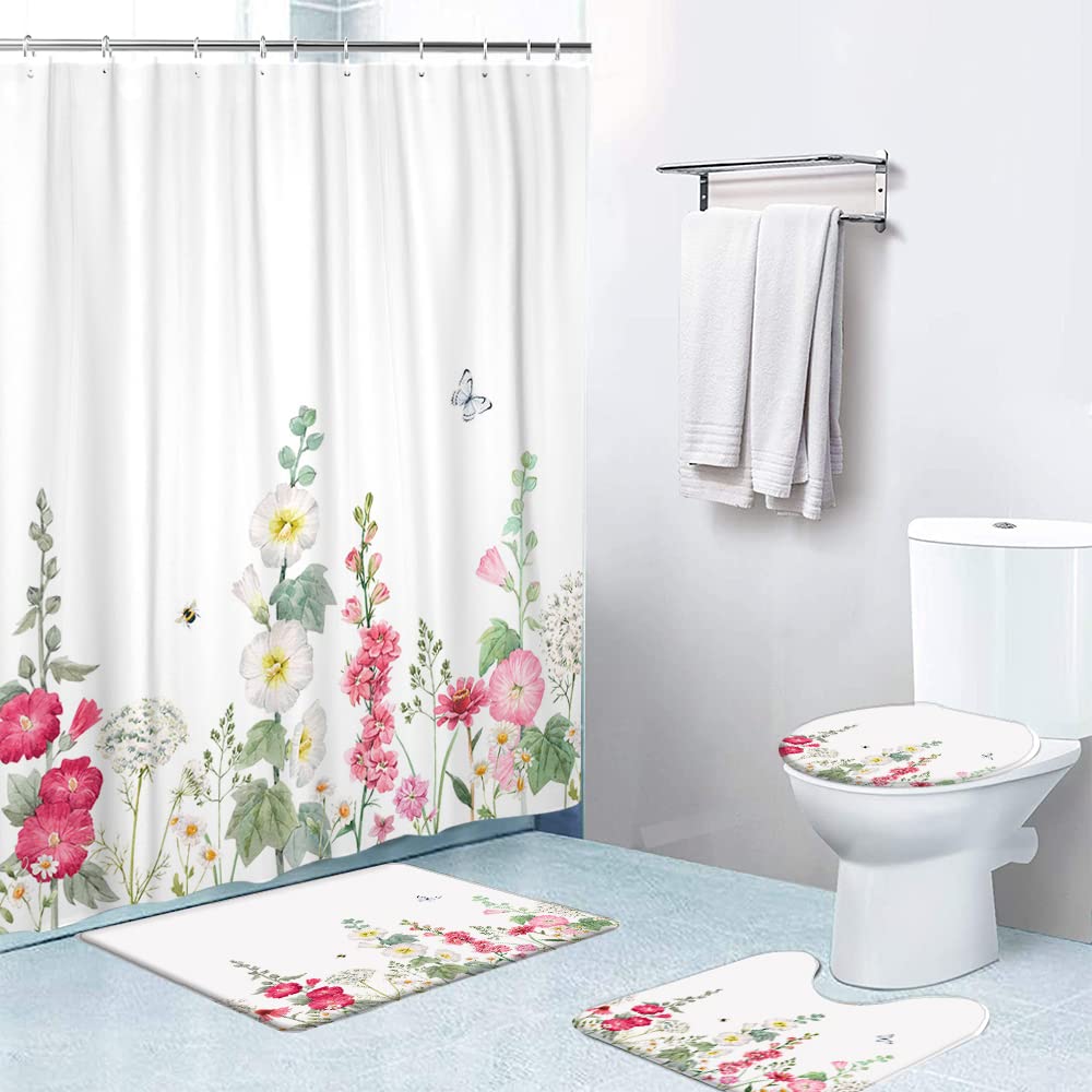 LOKMU 4-Piece Waterproof Shower Curtain Set with Non-Slip Bath Mat, Toilet Lid Cover & 12 Hooks - Red Watercolor Mallow Flowers & Dragonfly Design (72