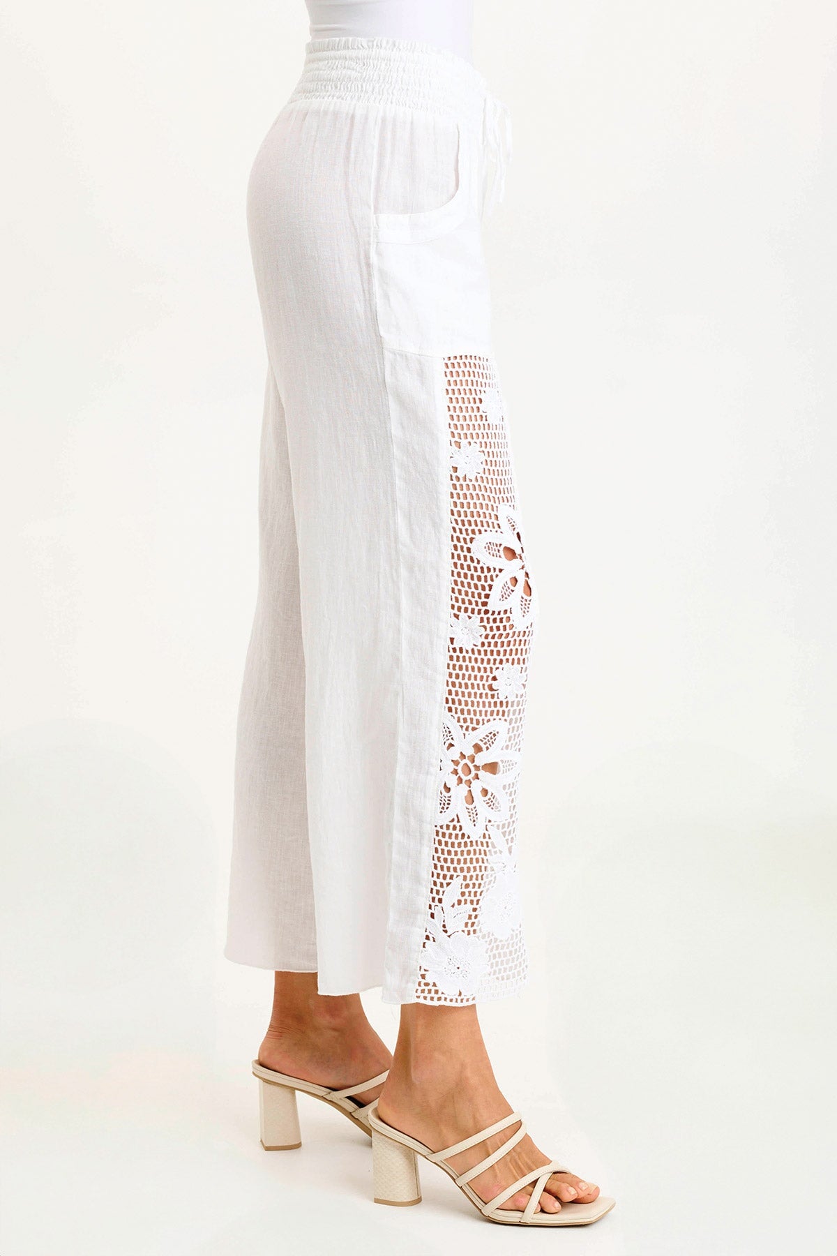 Rokel Linen Crochet Ruched Wide Leg Pants - Boho Chic High Waisted Palazzo Trousers for Women | Perfect for Summer, Beach Vacations & Casual Outings