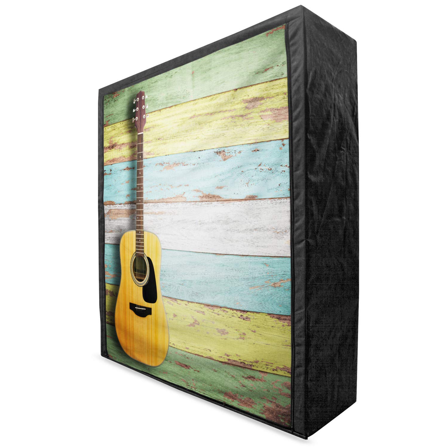 Ambesonne Music Portable Fabric Wardrobe - Acoustic Guitar Print on Rustic Wooden Planks, 59