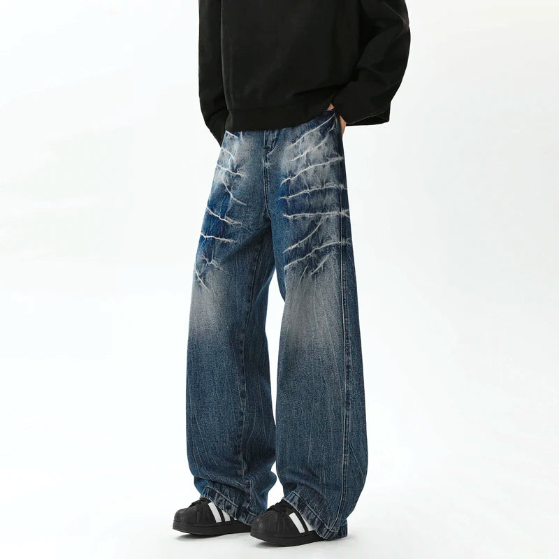 Vintage Washed Baggy Loose Wide Leg Jeans for Men - Lightning Patterned Casual Streetwear with Niche Design (Style 9C9260) | Perfect for Hip-Hop Fashion, Urban Street Style and Retro Outfits