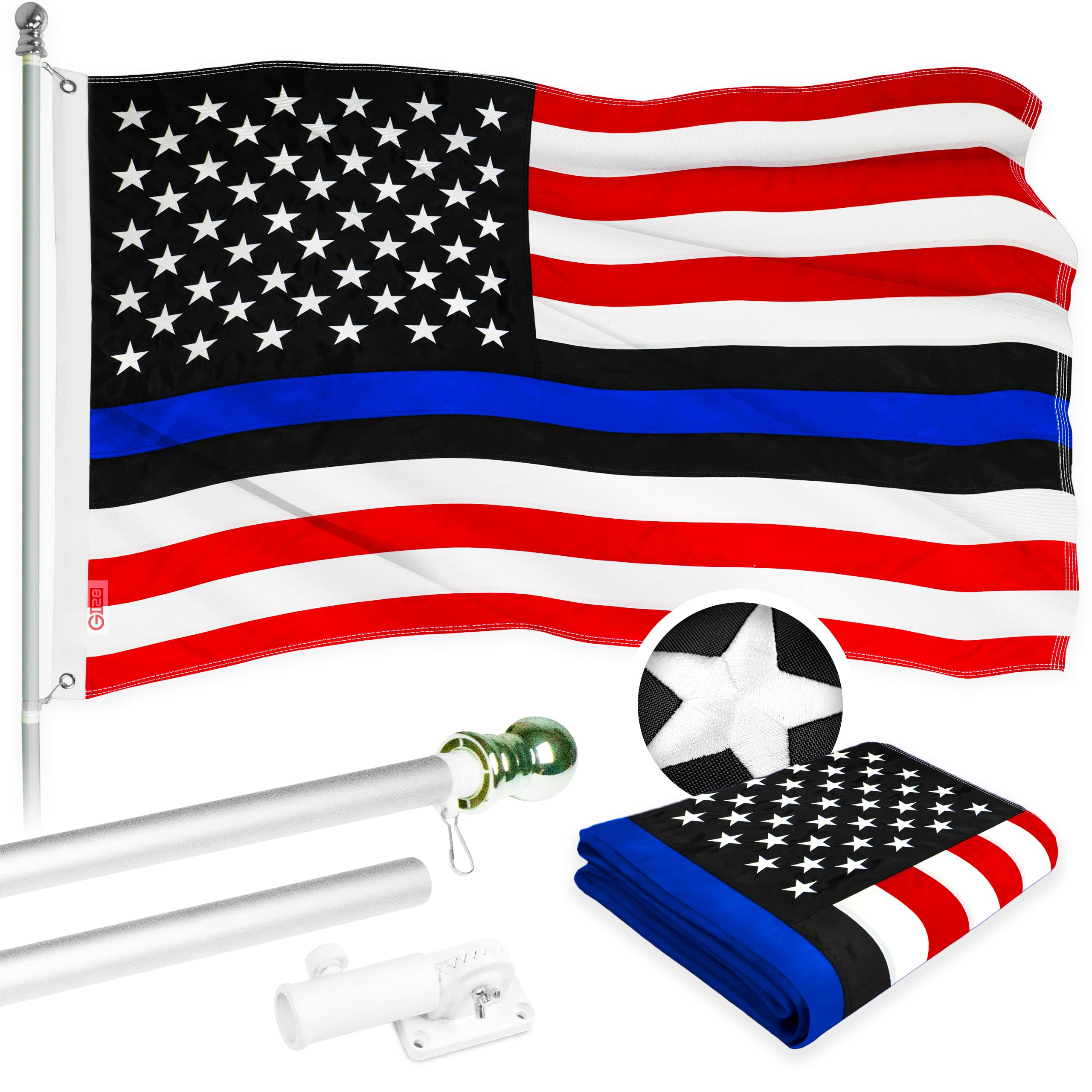 6ft Silver Aluminum Spinning Flagpole with 3x5ft Blue Lives Matter Flag - Brass Grommets, Embroidered Design - Perfect for Backyard, Patriotic Displays & Outdoor Decor
