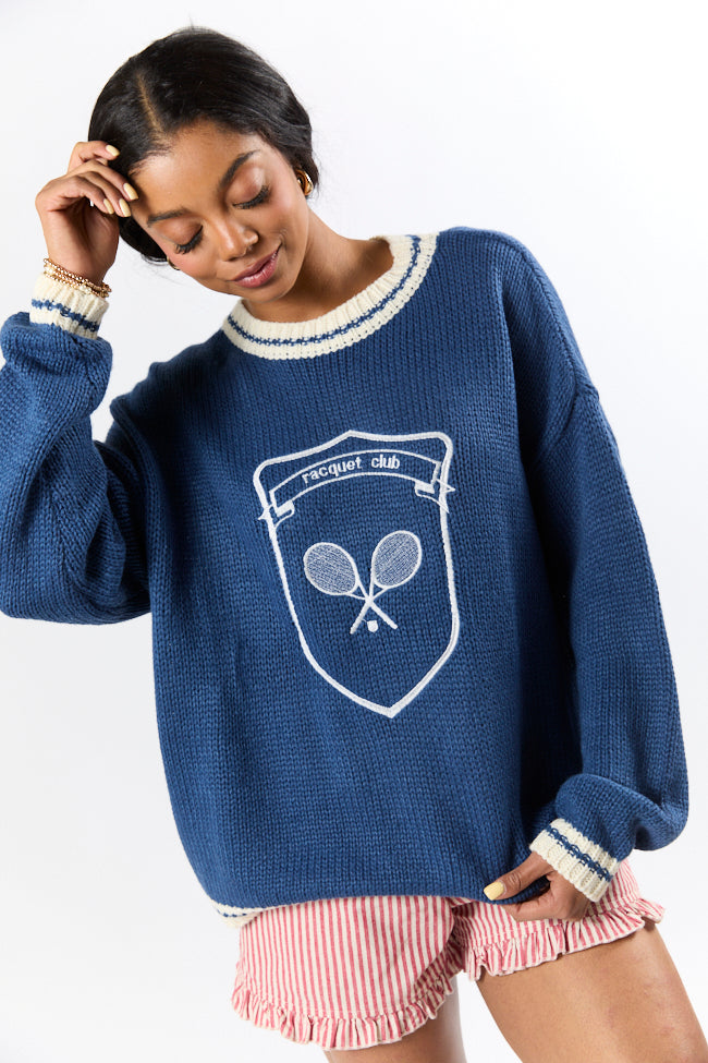 Racquet Club Navy Blue Crew Neck Sweater for Men - Classic Preppy Style Pullover for Tennis, Golf & Casual Wear