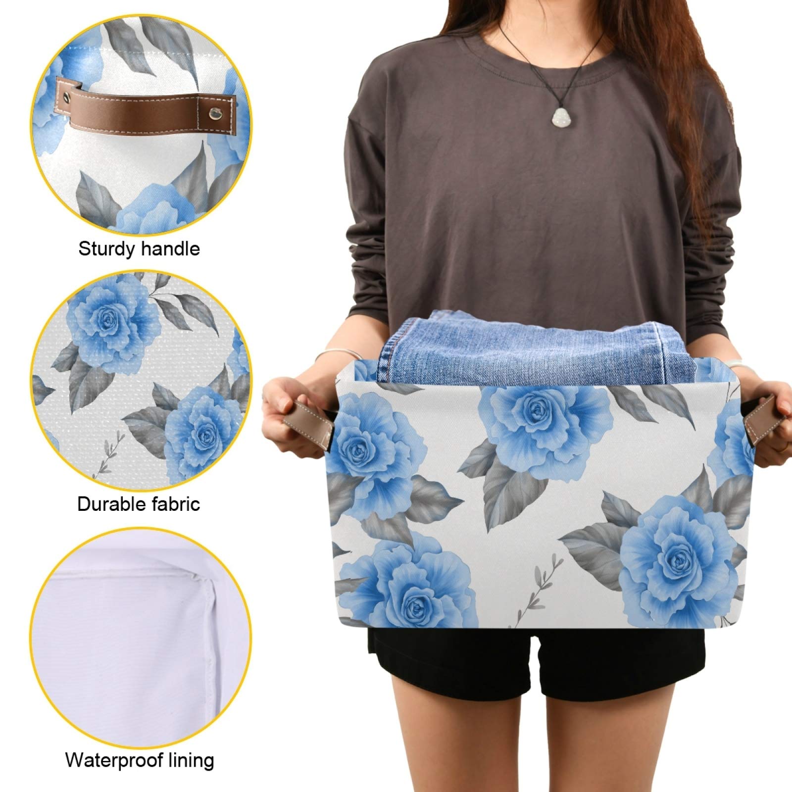 Floral Blue Roses Foldable Storage Bins - 2 Pack Collapsible Fabric Baskets with PU Handles for Home Organization | Shelves, Closet, Bedroom & Living Room Storage Solutions | Space-Saving Decorative Bins for Laundry, Toys & Blankets