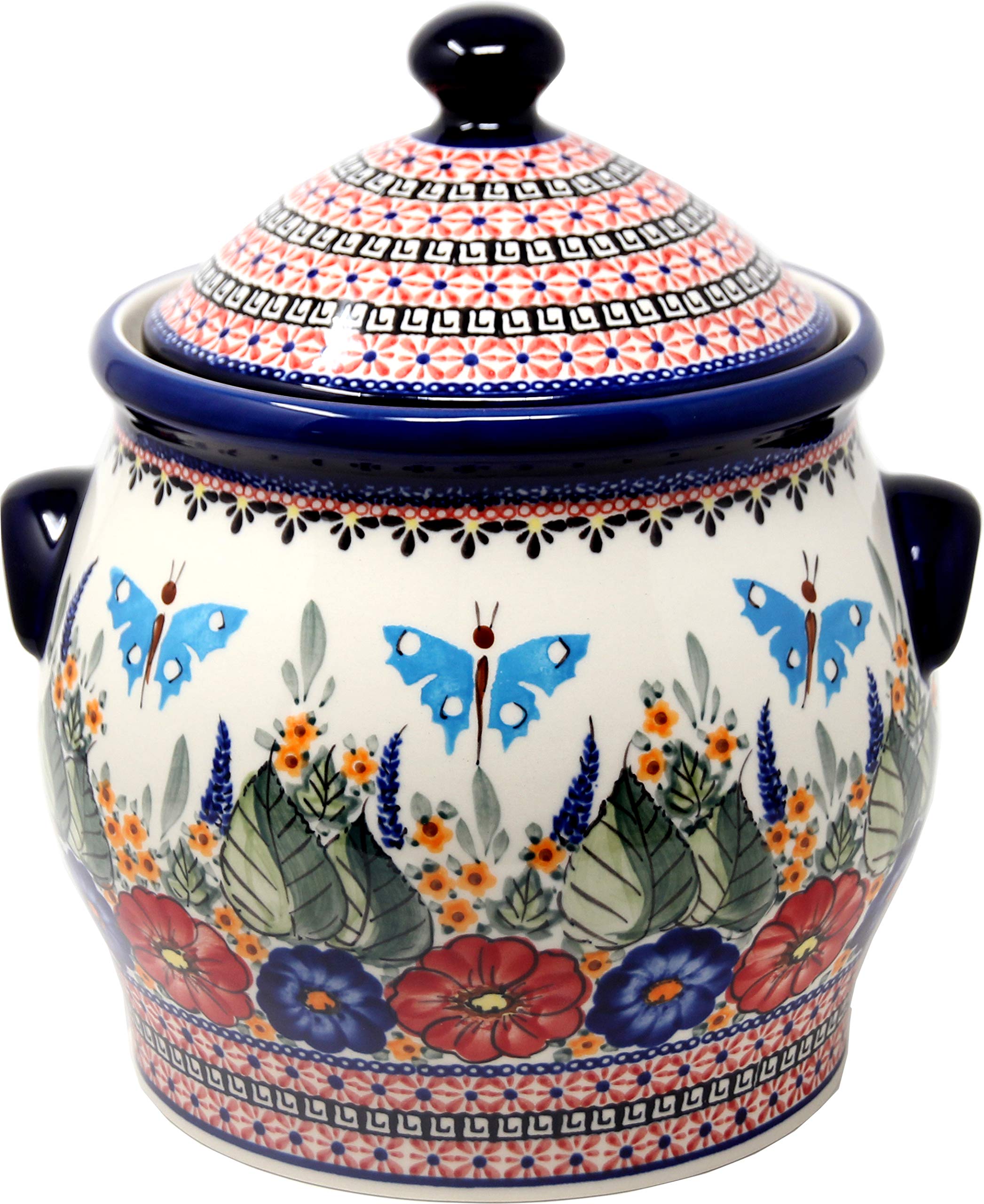 Extra Large 6 Quart Polish Pottery Cookie Jar & Canister - Floral Butterfly Unikat Pattern by Zaklady Boleslawiec | Perfect for Kitchen Storage, Baking Supplies & Home Decor