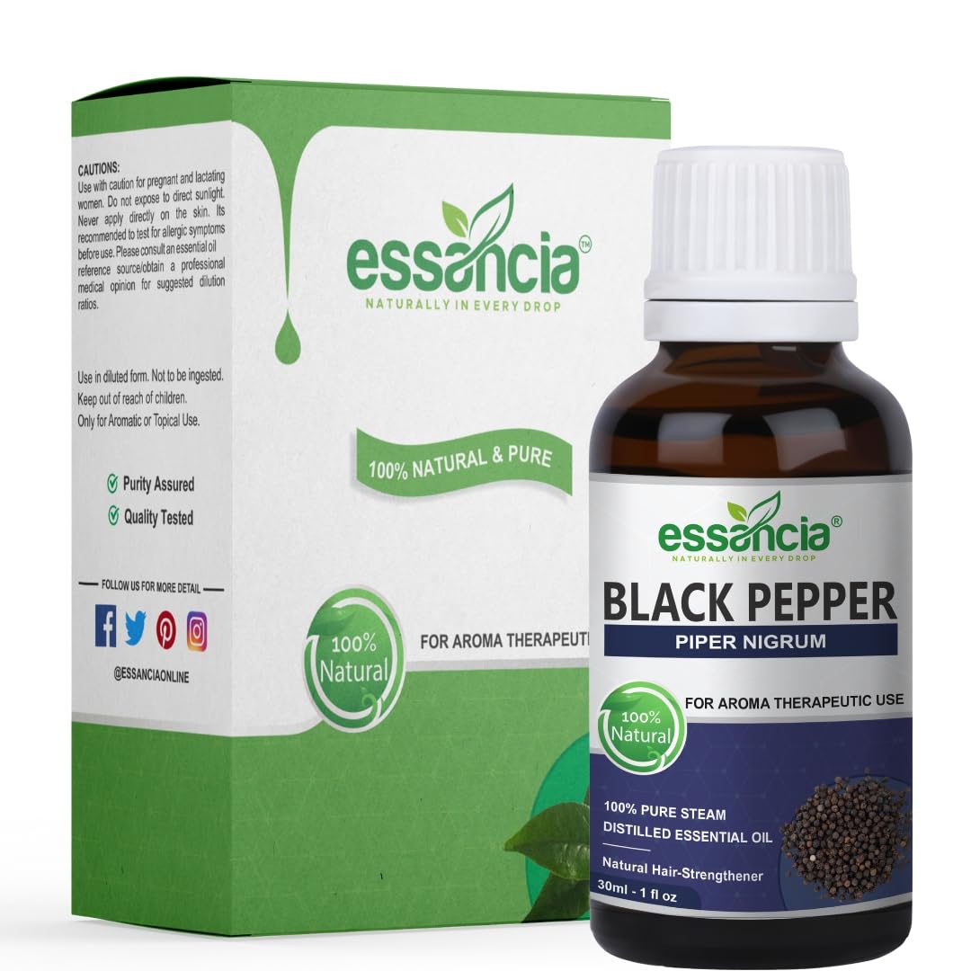 **Essencia 100% Pure Black Pepper Essential Oil - Natural Undiluted Therapeutic Grade for Aromatherapy, Energy Boost & Massage (30ml) - Perfect for Diffusers, DIY Skincare & Relaxation**