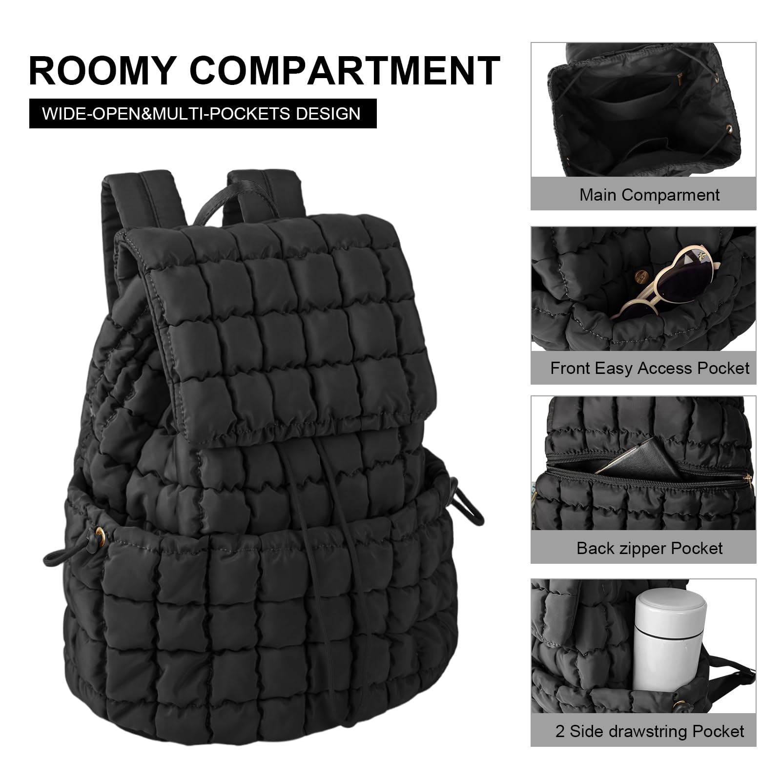Quilted Backpack Purse for Women - Lightweight Puffer Laptop Bag for College, Travel & Gym (Black)