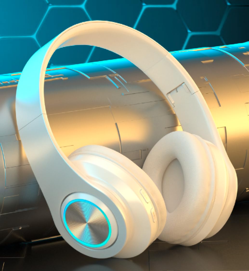 Wireless Bluetooth Headphones with Colorful LED Lights, 30H Playtime, Foldable Design, Bluetooth 5.0, 10m Range, Stereo Sound, Built-in Mic - Perfect for Gym, Running, Travel & Work (White)