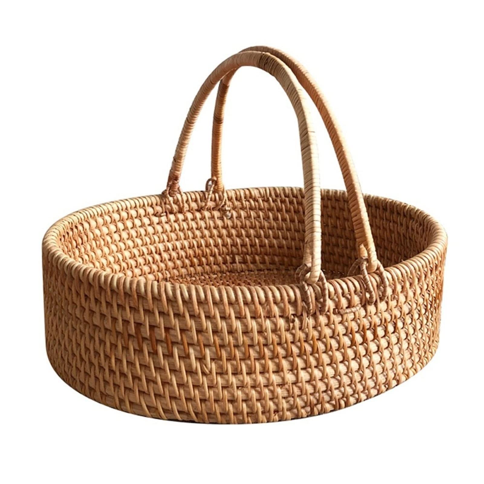 Hand-Woven Rattan Picnic Basket with Handle - Medium Storage Basket for Kitchen Foods, Breakfast Fruits - Perfect for Outdoor Picnics, Beach Trips & Home Organization