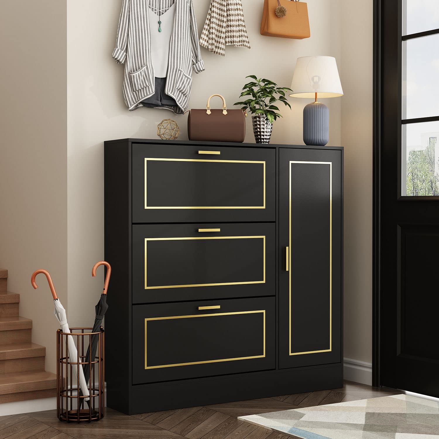 FAMAPY 3-Tier Shoe Storage Cabinet with Flip Drawers & Locker - Wooden Entryway Shoe Organizer for Hallway, Closet or Bedroom - Black and Gold Modern Design (47.2”W x 9.5”D x 47.2”H) - Perfect for Small Spaces, Apartment Living & Shoe Organization