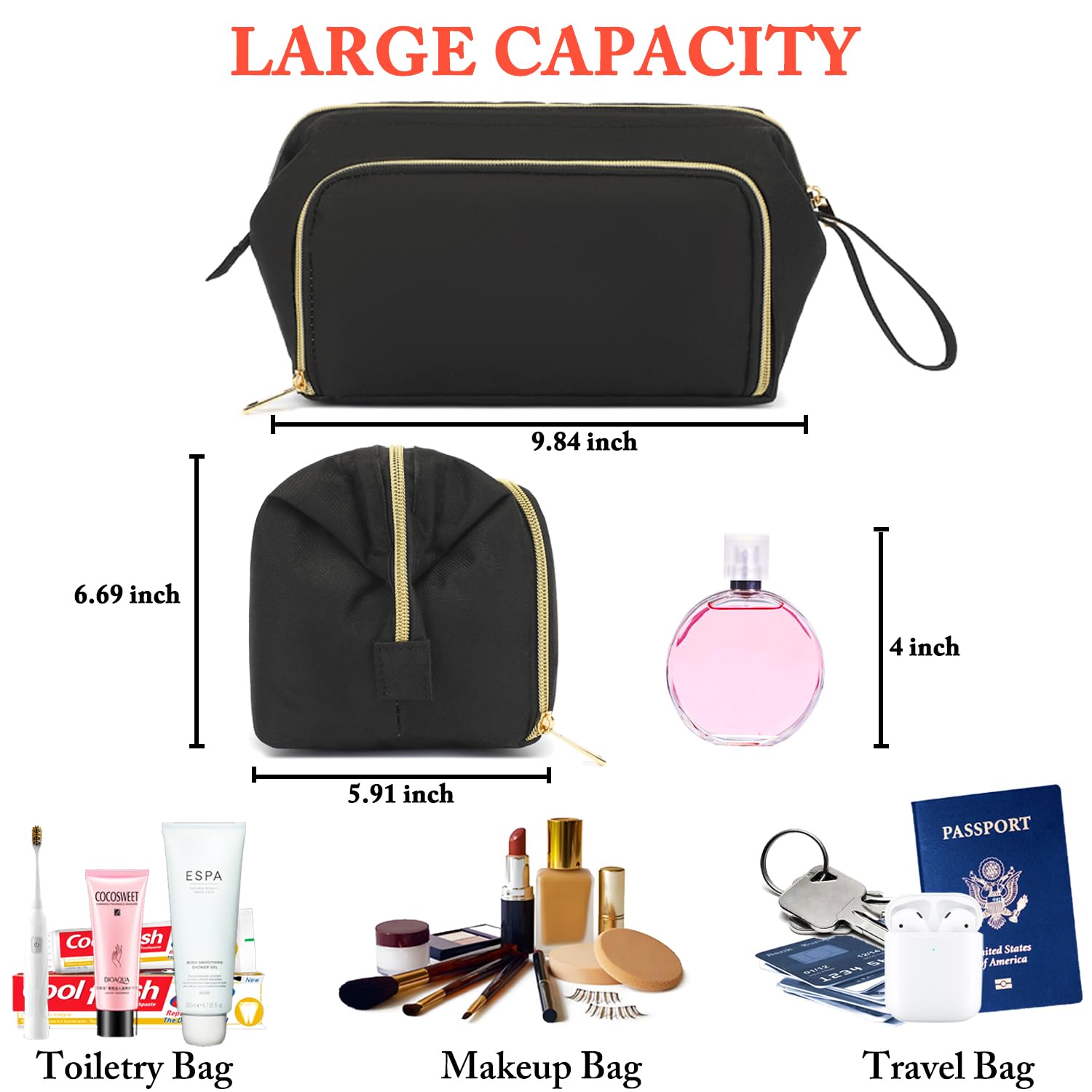 Travel Makeup Bag with Brushes Pocket - Large Cosmetic Organizer for Women | Perfect for Travel & Skincare Storage