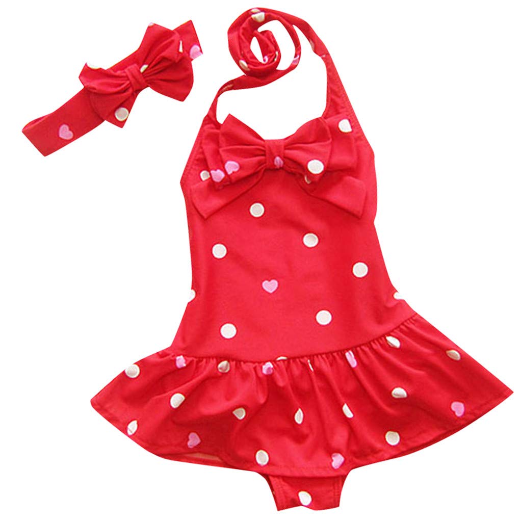 Toddler Baby Girls Polka Dot Bowknot One-Piece Swimwear Set with Headband, Two-Piece Bathing Suit for Pool, Beach, and Summer Fun