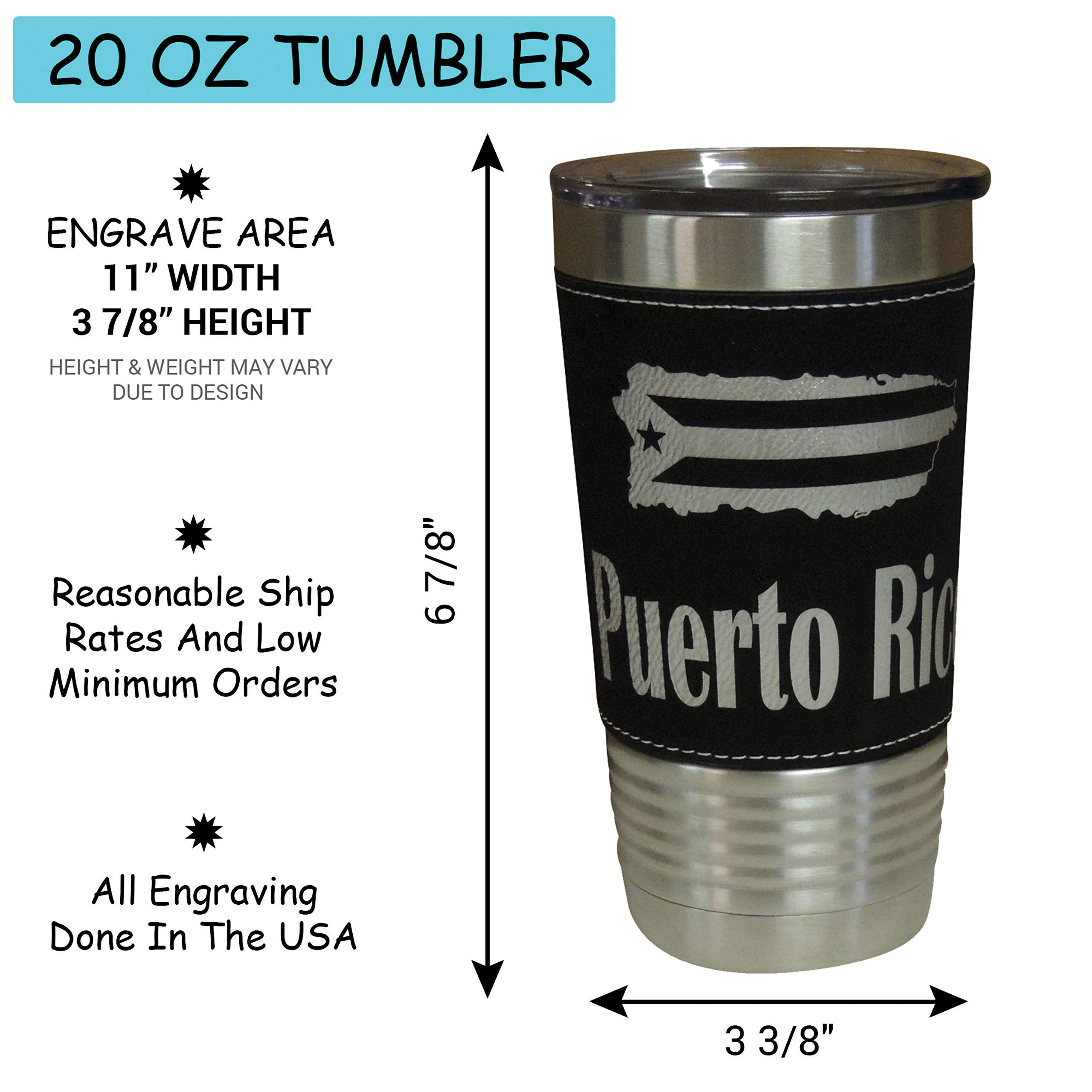 20oz Stainless Steel Vacuum Insulated Tumbler with Puerto Rico Leather Wrap - Leakproof Travel Mug for Coffee & Tea - Perfect for Gym, Hiking, Camping & Outdoor Activities (Black)