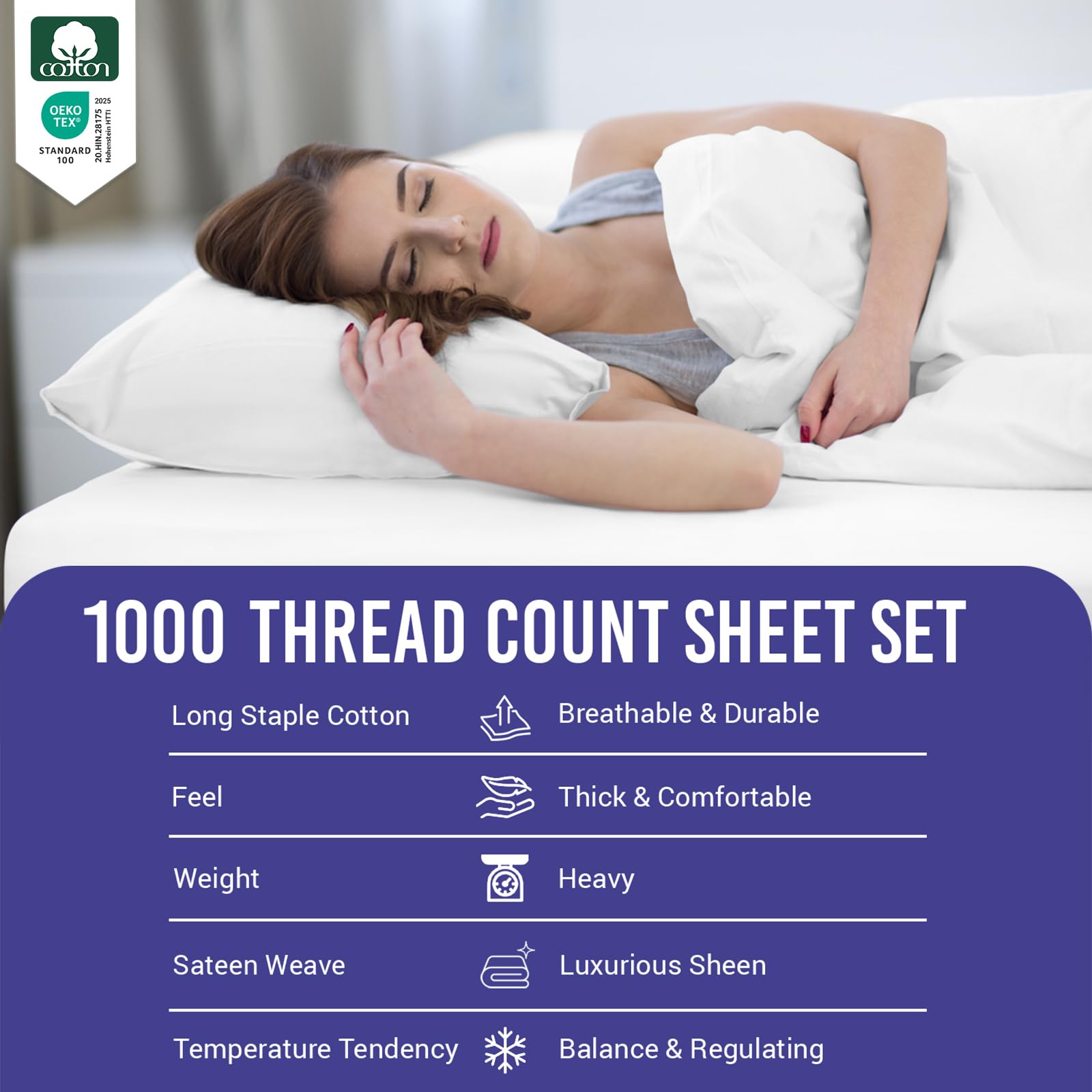 Pizuna Pure 100% Luxury Cotton Queen Size Sheet Set - 1000 Thread Count Long Staple Sateen Weave - Soft Breathable Deep Pocket Sheets Fits 15