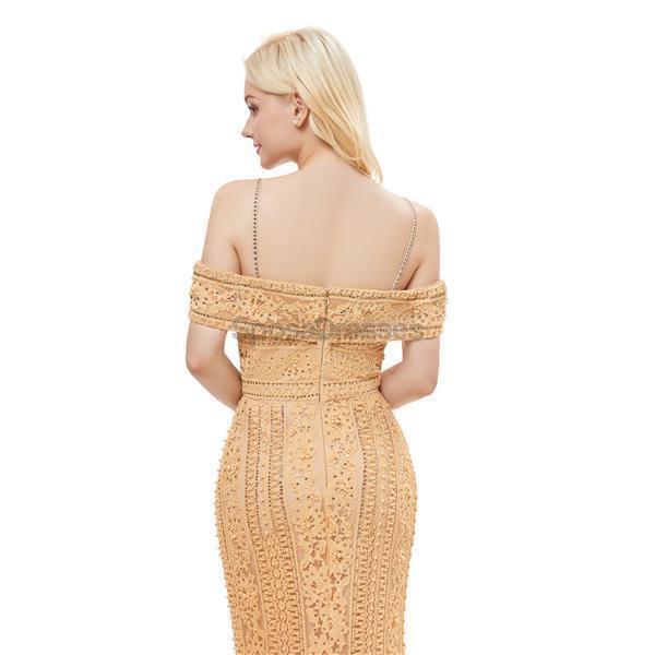 Elegant Off Shoulder Gold Lace Prom Dress with Spaghetti Straps - Perfect for Evening Parties, Prom Nights & Formal Events | Style 12056