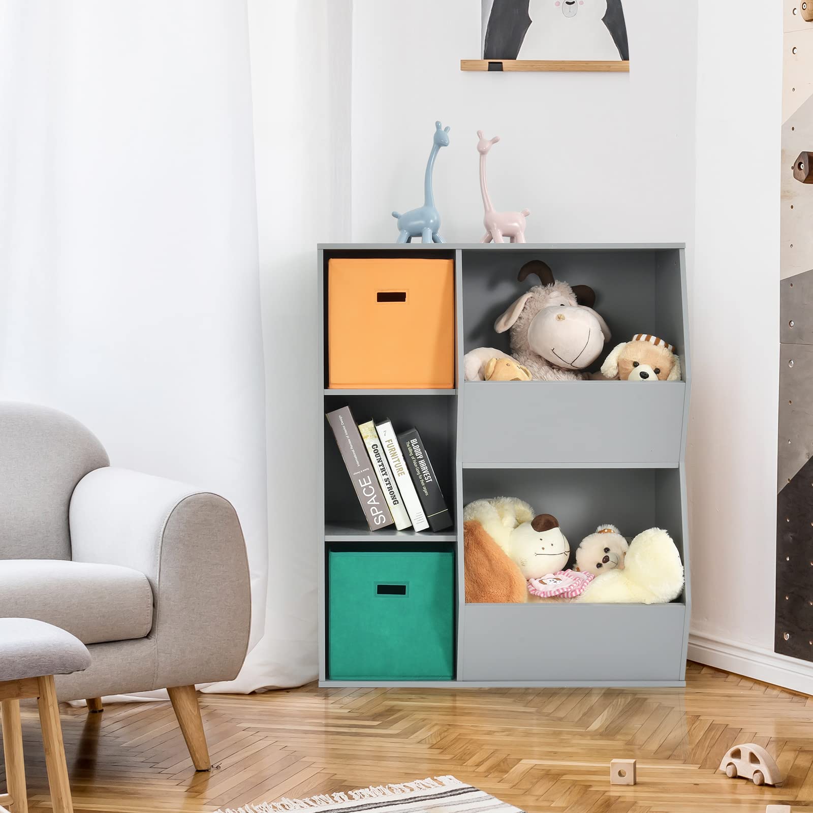 Costzon 5-Cubby Wooden Toy Storage Organizer with Bookcase & Bins - Kids Bookshelf & Toy Storage Cabinet for Toddlers - Playroom, Nursery, Daycare & Living Room Organization (Gray)