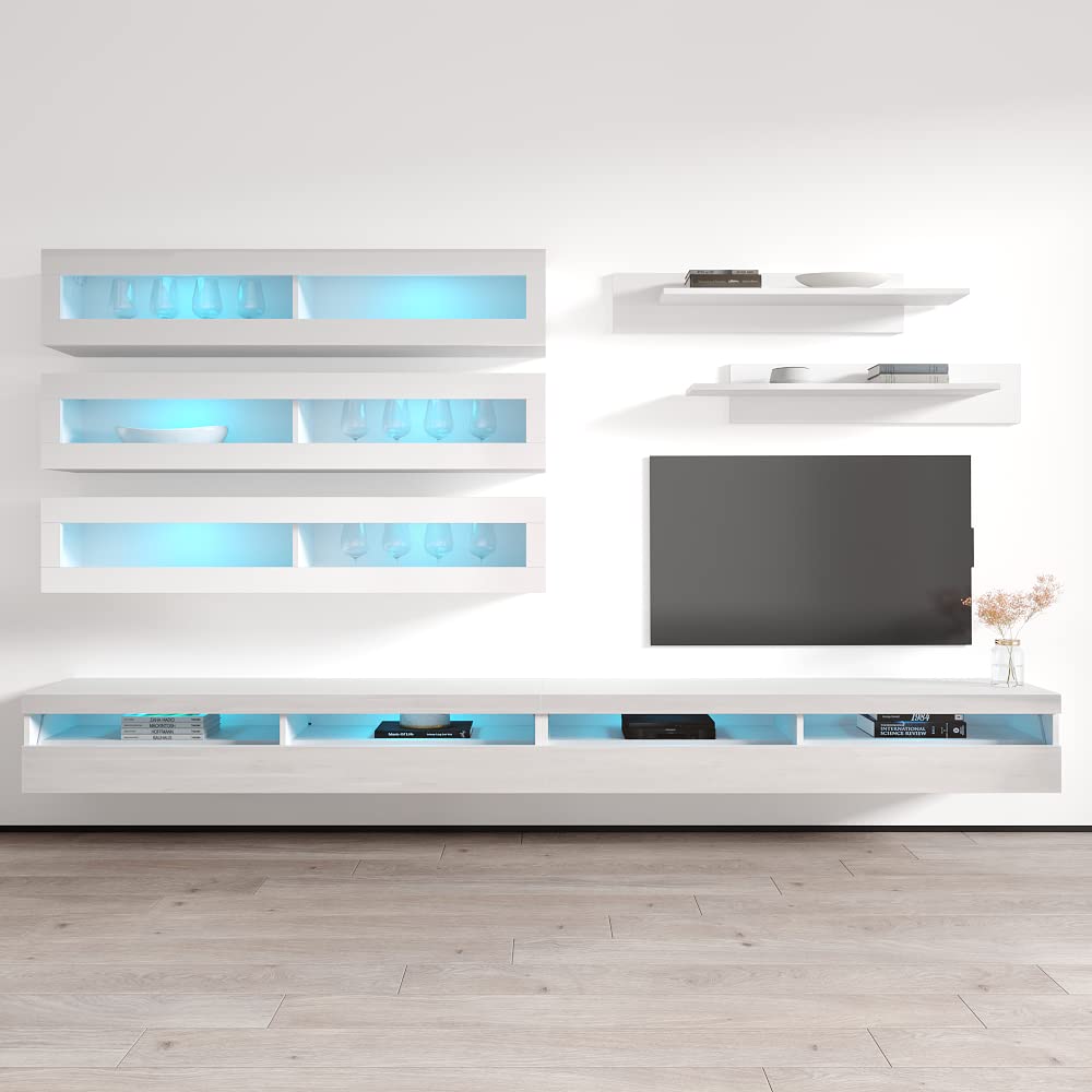 Modern White Wall-Mounted TV Stand with Storage Shelves & LED Lights - Floating Entertainment Center Console for Bedroom & Living Room - Perfect for Small Spaces & Home Theater Setup - Meble Furniture Fly J2 35TV Stand