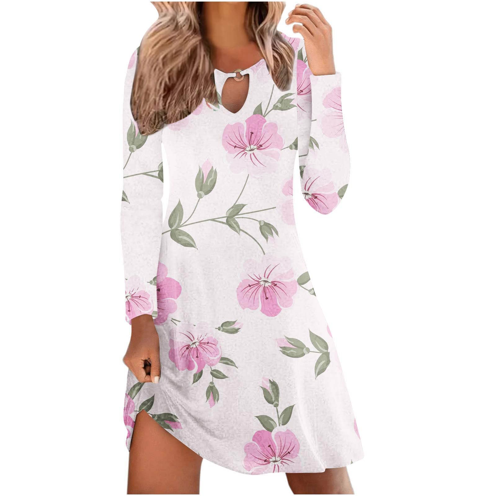 FAVIPT Women's Floral Print Long Sleeve Mini Dress - Sexy Keyhole Neckline, A-Line Swing Dress for Casual Wear, Plus Size Available | Perfect for Date Night, Party & Fall Outfits