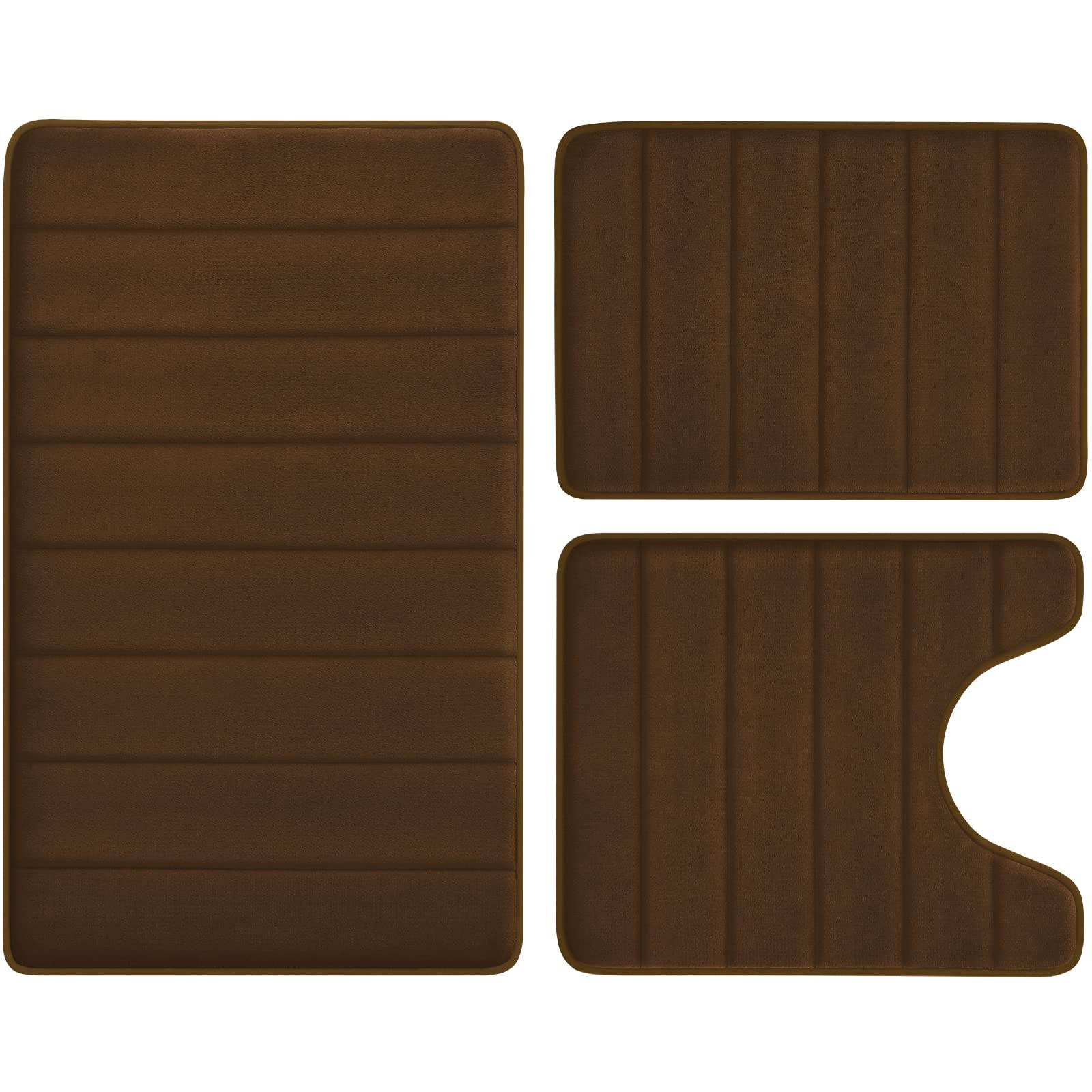 BYSURE 3-Piece Brown Memory Foam Bathroom Rug Set - Non-Slip, Ultra Soft & Absorbent Bath Mats for Bathroom Floor - Machine Washable & Dryable - Perfect for Bathrooms, Showers & Toilet Areas