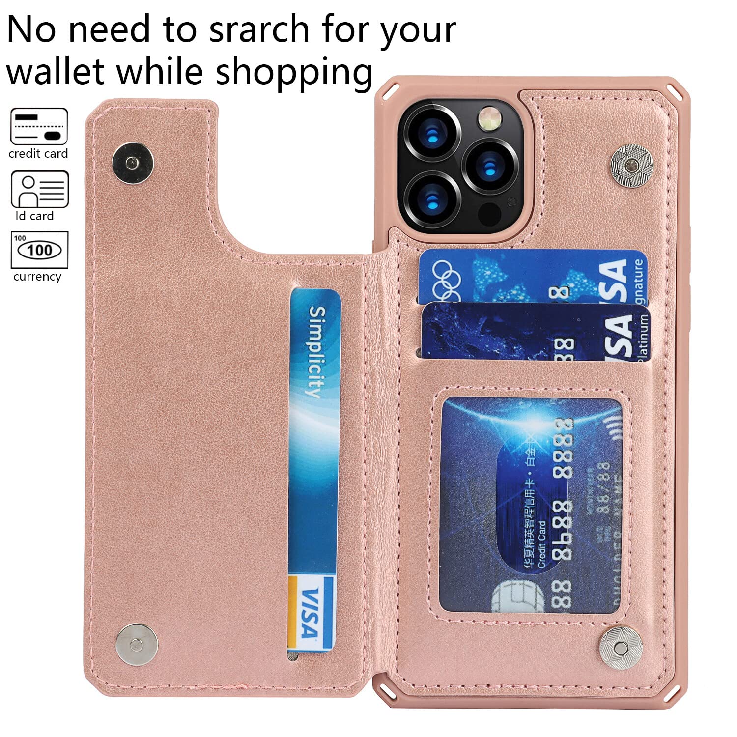 Premium Leather Wallet Case for iPhone 12/12 Pro - Shockproof Protective Cover with Card Holder, Stand & Wrist Strap (Rose Gold) | Perfect for Business, Travel & Everyday Use