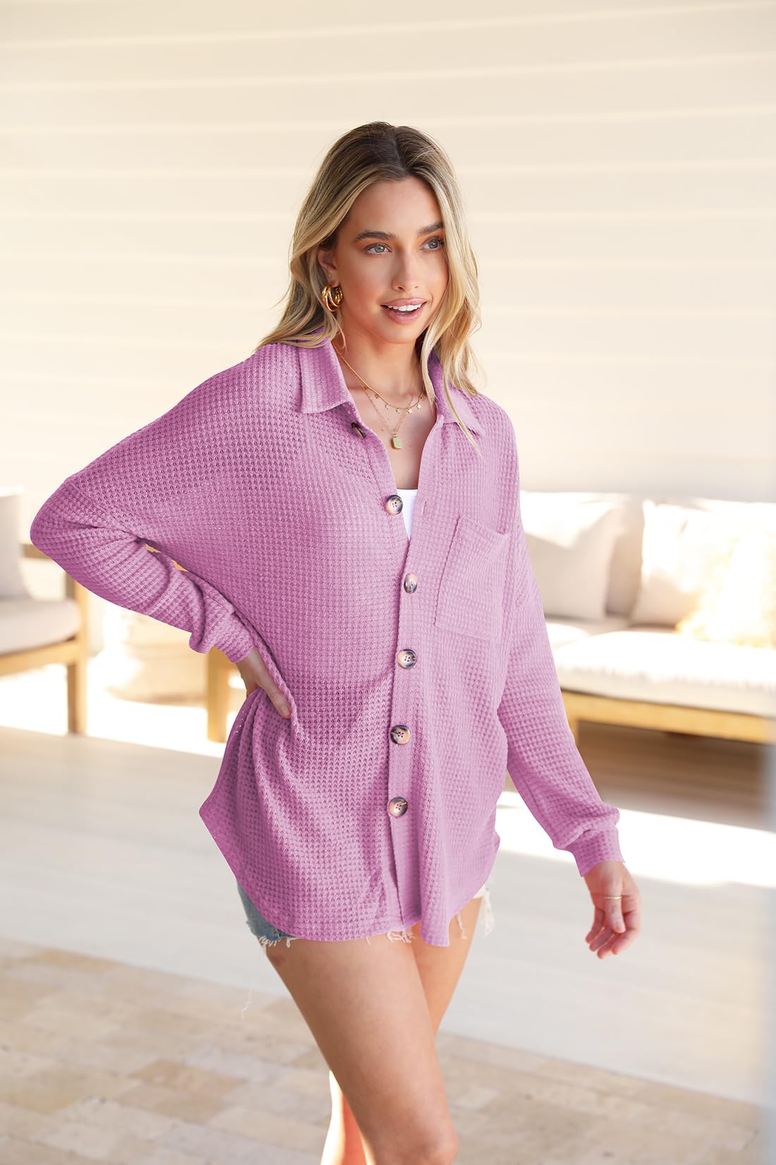 Naggoo Women's Long Sleeve Button Down Shirt - Waffle Knit Shacket Jacket & Oversized Blouse Top for Casual Wear, Work Office & Fall Layering
