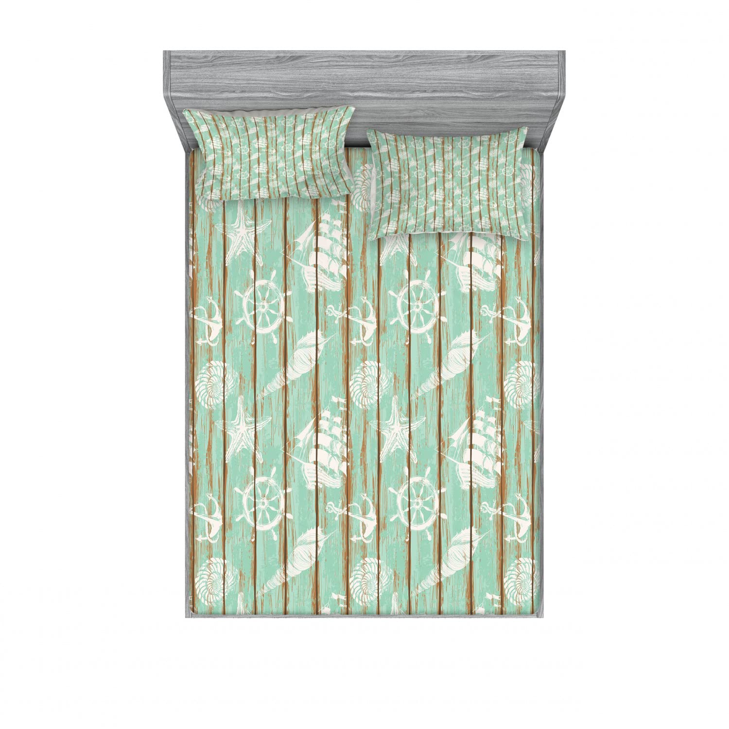 Ambesonne Nautical 2-Pack Full Size Fitted Sheet Set with 4 Pillow Shams - Mint Green Seashell Sailing Design, Soft Bedding Collection for Coastal & Beach Themed Bedrooms, Guest Rooms, Vacation Homes