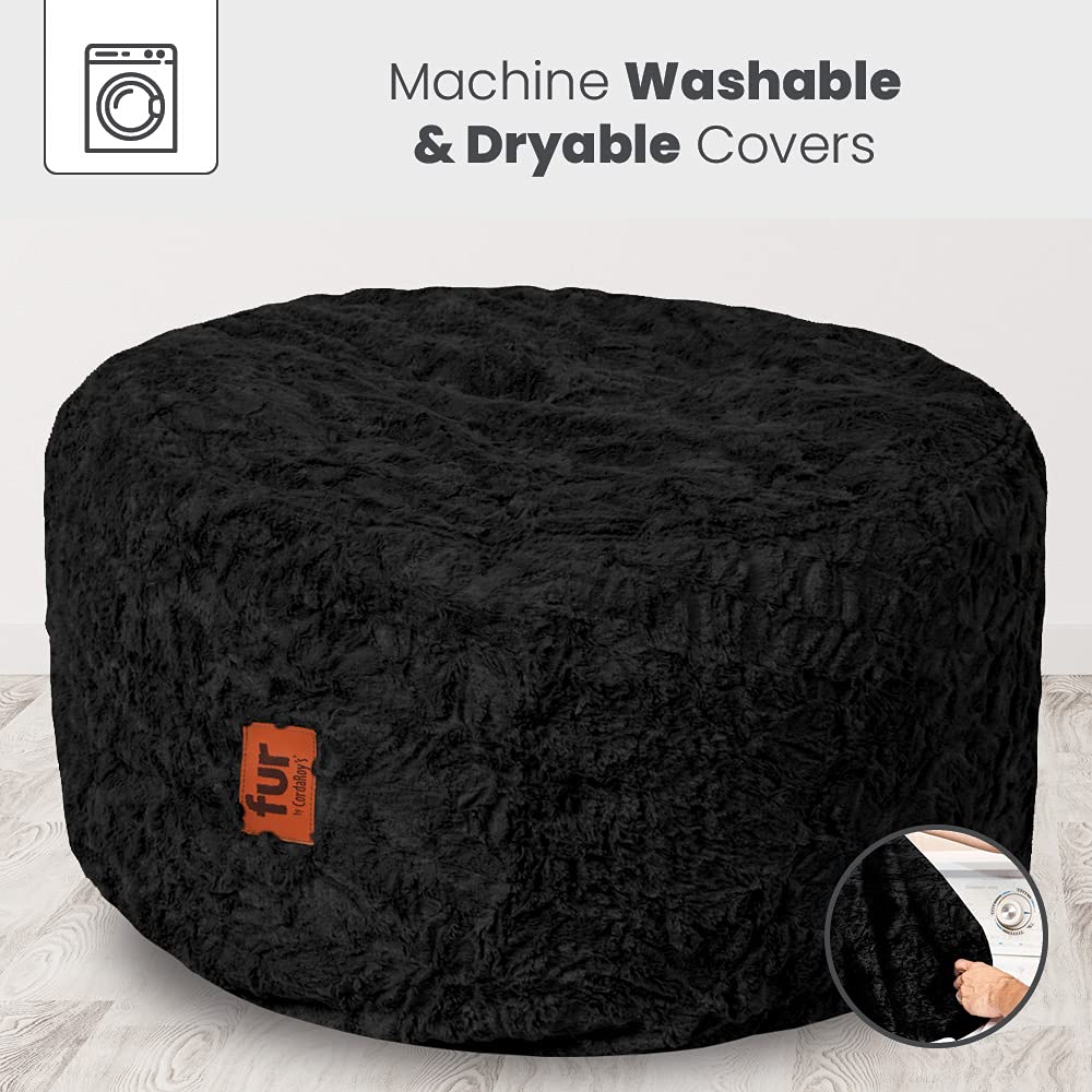 CordaRoy's Faux Fur Bean Bag Pouf Footstool - Soft Black Ottoman for Living Room, Bedroom & Dorm - Versatile Seating & Footrest for Relaxing, Gaming & Lounging