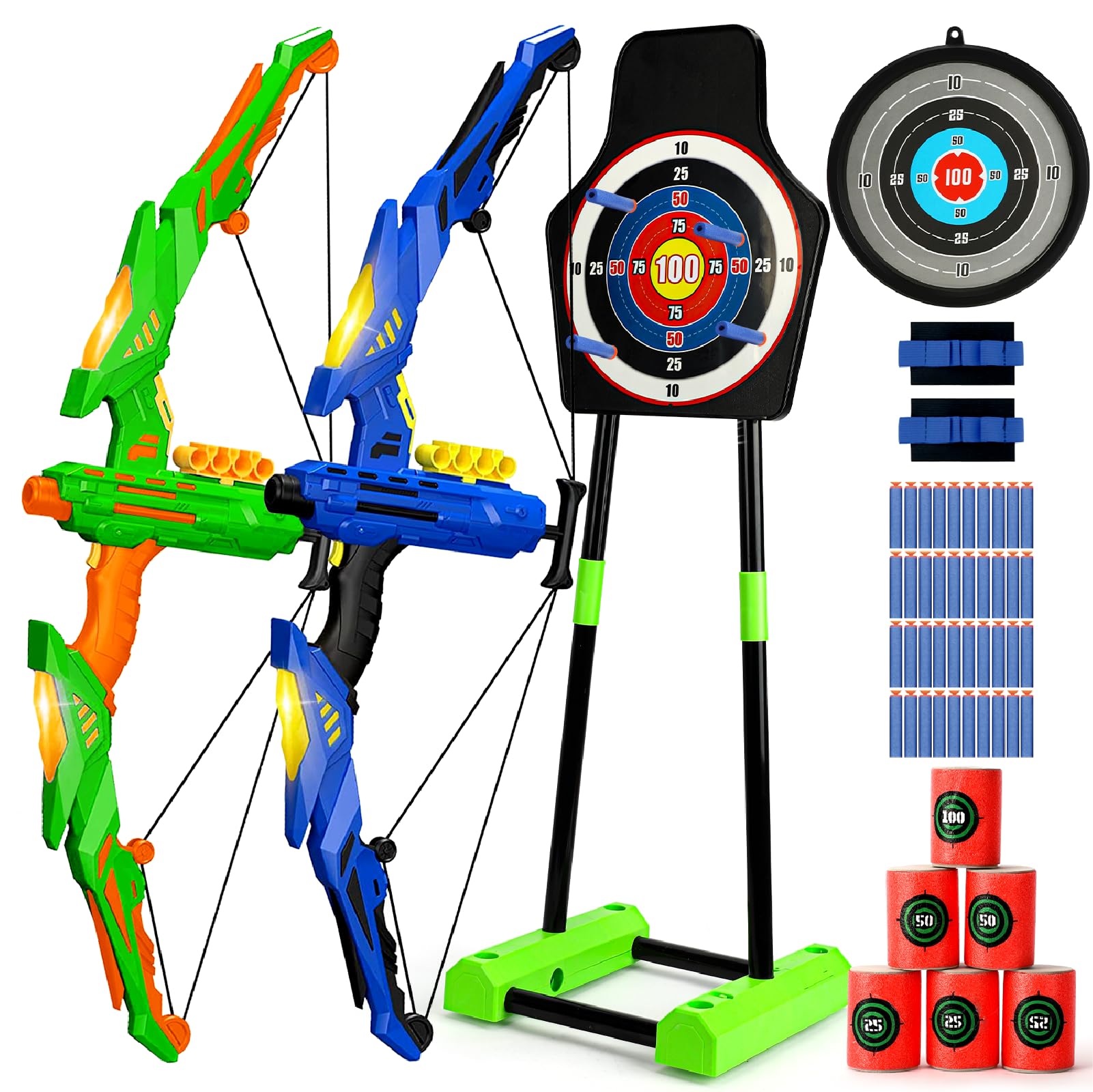 TOY Life 2 Pack LED Bow and Arrow Set for Kids Ages 4-14 - Outdoor Archery Game with Standing & Movable Target, 40 Foam Darts - Perfect for Backyard Play, Birthday Gifts, and Family Fun Activities
