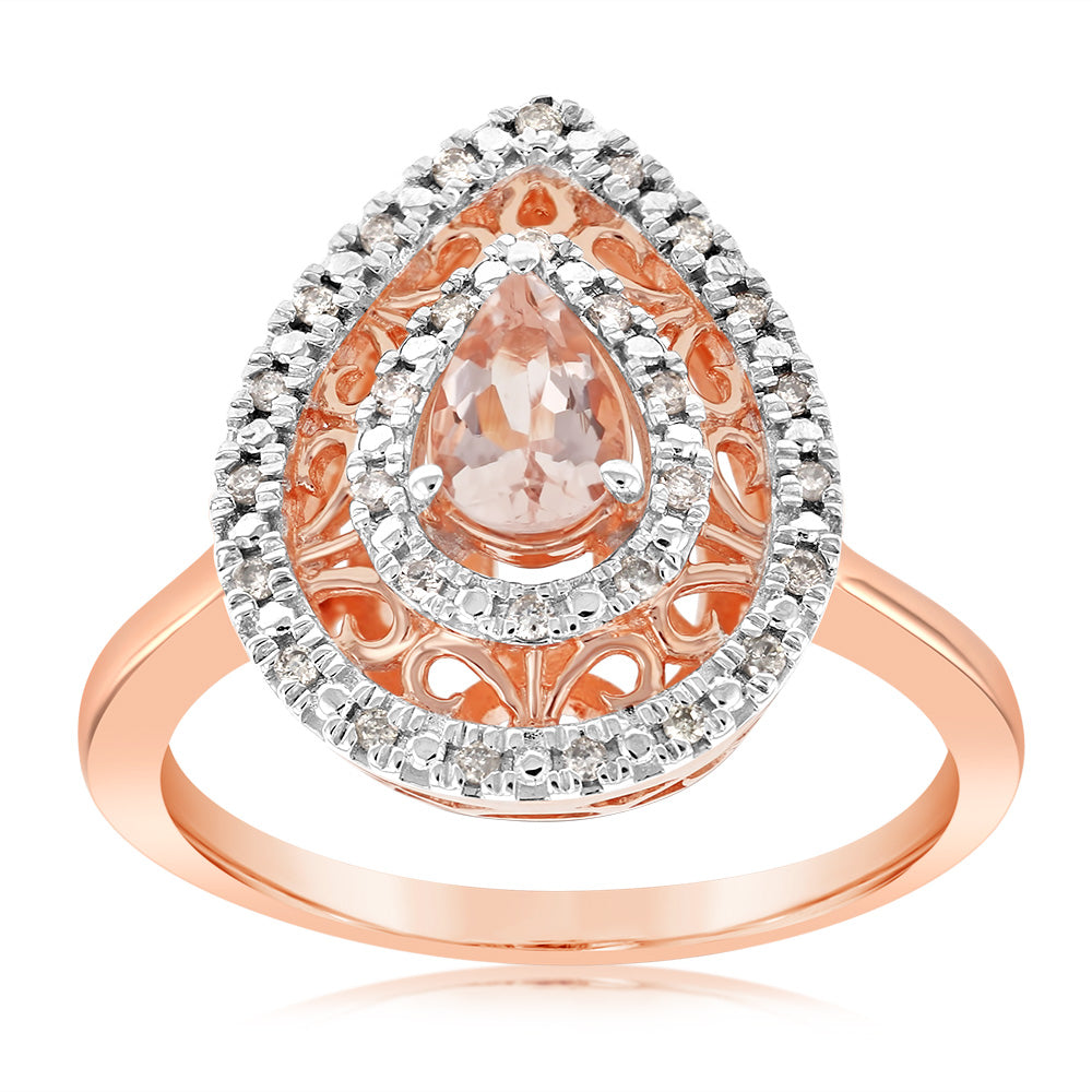 9ct Rose Gold Diamond & Oval Natural Morganite Pear Ring – Elegant Engagement, Wedding, or Anniversary Jewelry Gift for Her