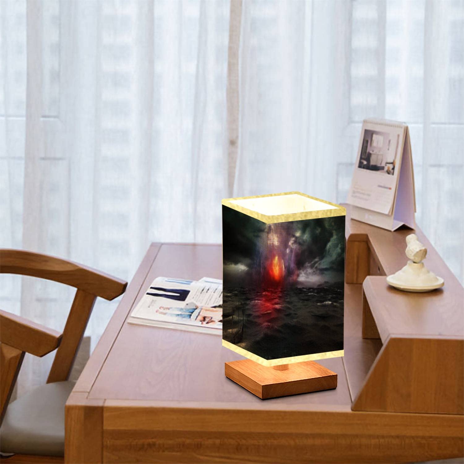 3D Wooden Base Stormfire & Viking Ship Square Bedside Table Lamp - Dimmable Nightstand Lamp with Flaxen Fabric Shade for Bedroom, Living Room - Perfect for Reading, Relaxing & Creating Cozy Ambiance