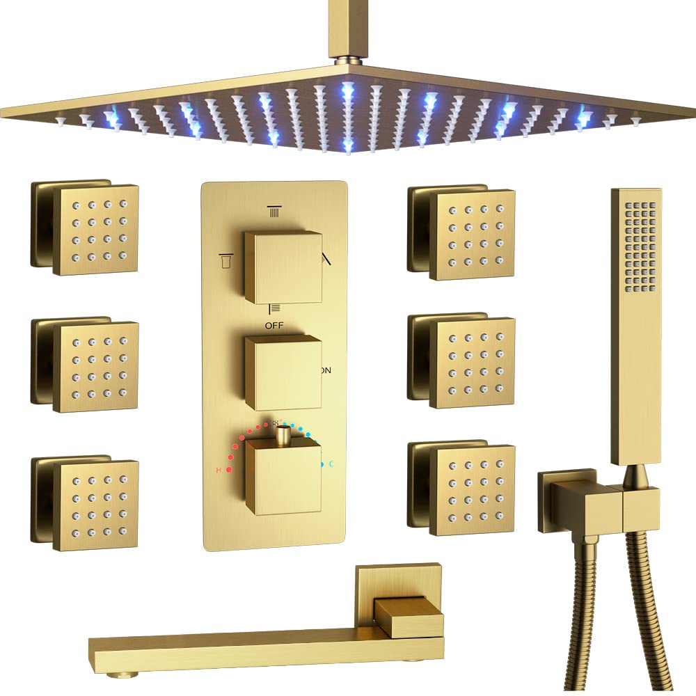 Brushed Gold Thermostatic Shower System with Rain Shower Head, Handheld Shower & 6 Body Jets - 12 Inch Ceiling LED Shower Set with Tub Spout for Luxurious Bathroom Upgrade | Perfect for Master Bath, Spa-Like Experience & Modern Home Renovation