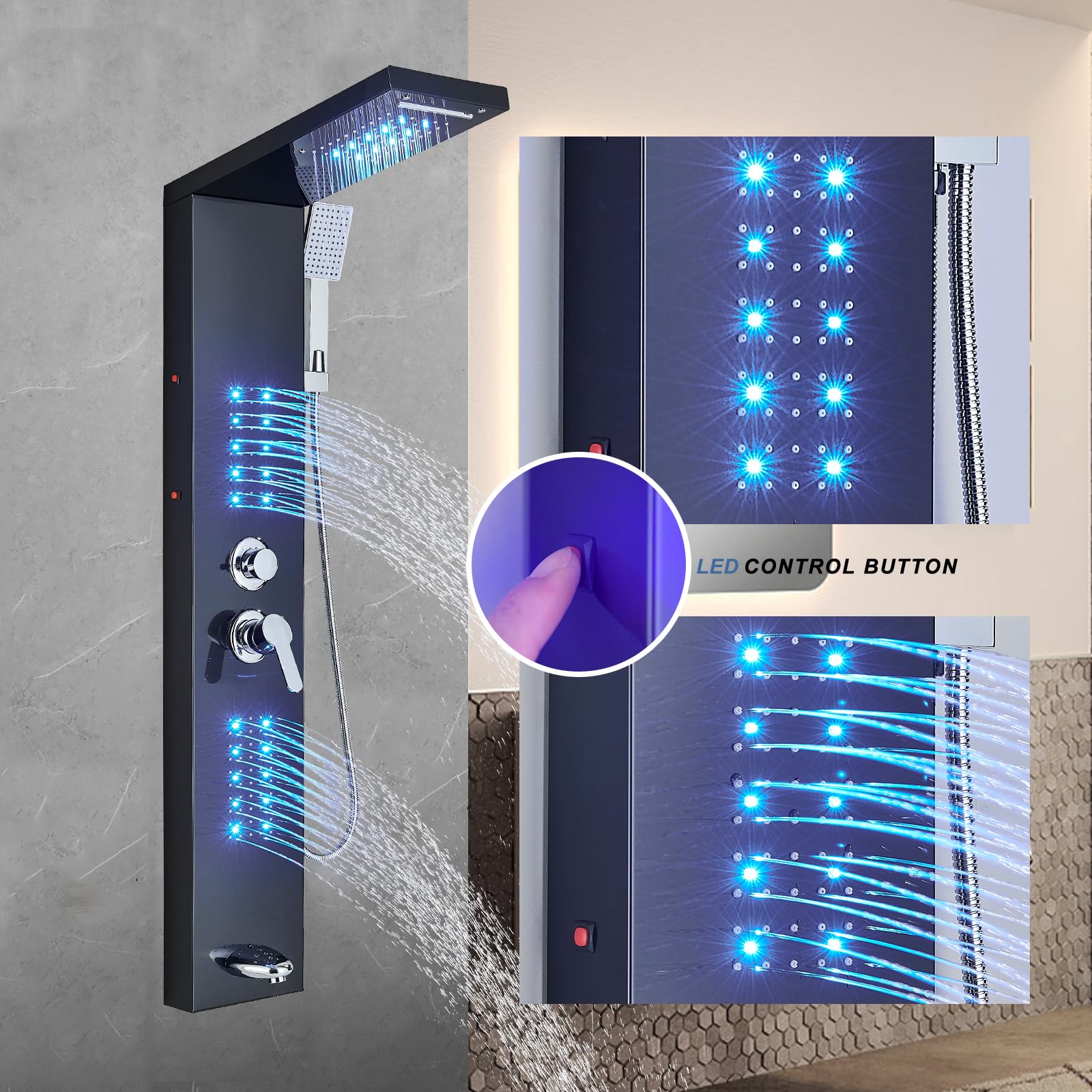 Modern Black LED Rainfall Shower Panel Tower with Waterfall Shower Head - Stainless Steel Wall Mounted Full Body Shower System for Spa-Like Bathroom Experience | Perfect for Master Bathrooms, Luxury Showers & Contemporary Home Upgrades