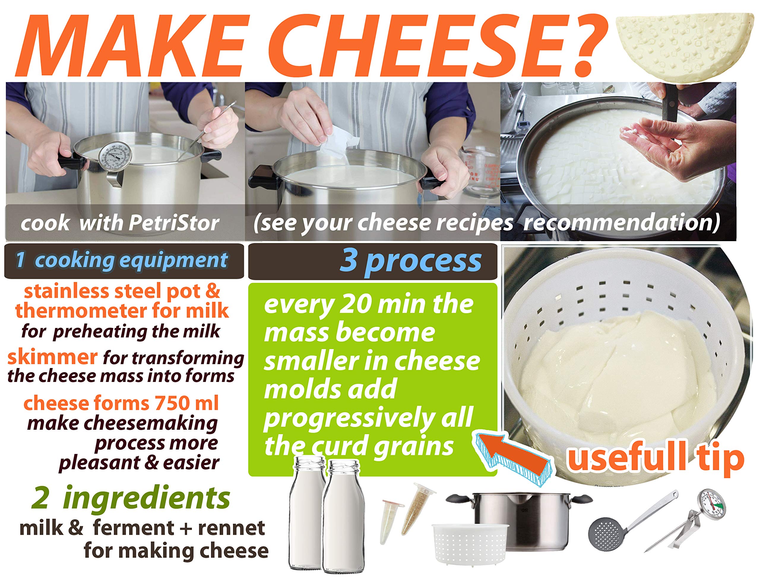 PetriStor 5-Piece Soft Cheese Mold Set for Homemade Cheese Making - 0.8QT Small Cheese Molds for Cream Cheese, Feta & Fresh Cheese - Perfect for DIY Cheese Lovers & Artisan Cheesemakers (Great for Home Kitchens & Small Dairy Farms)