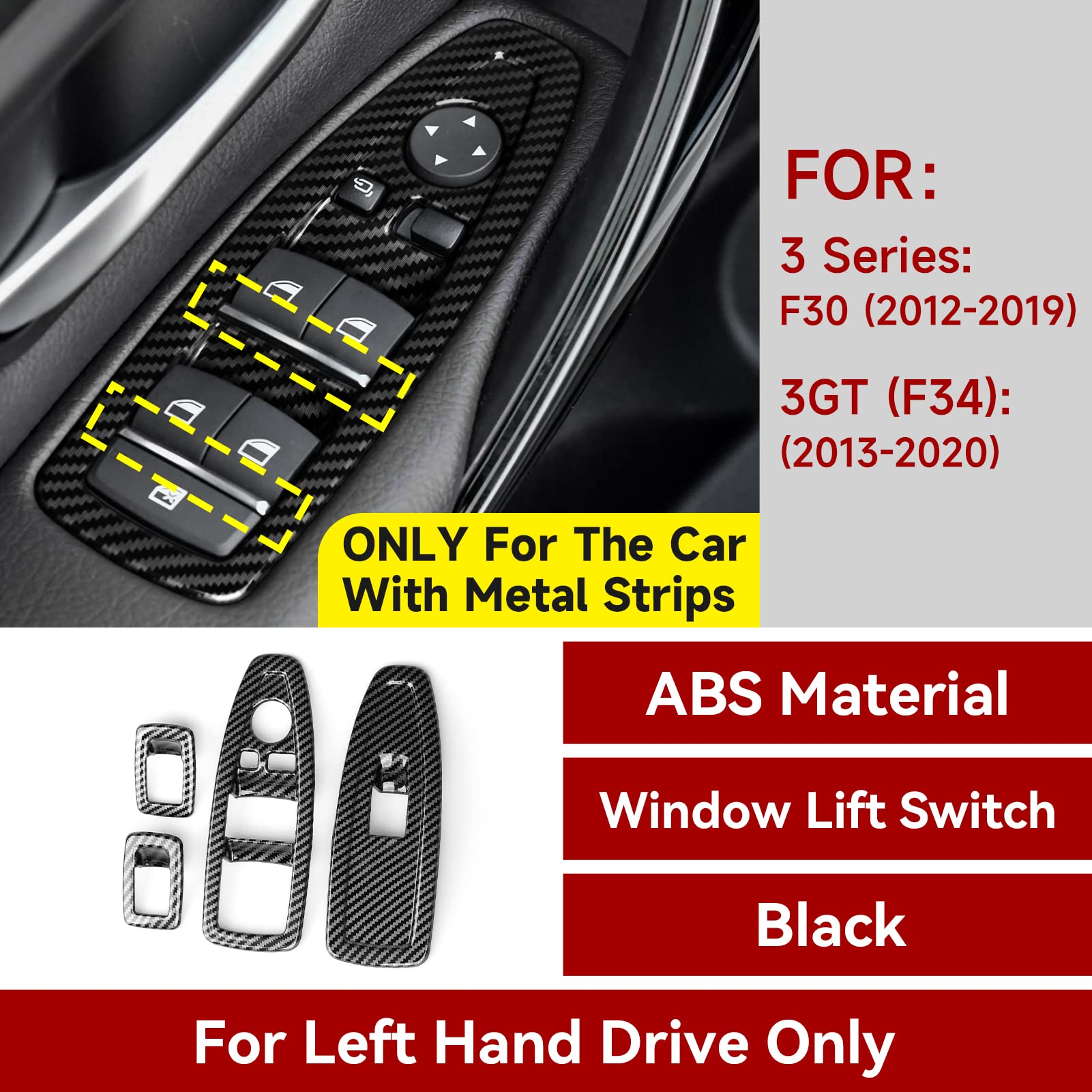 Carbon Fiber ABS Car Window Switch Cover Trim Decal - Compatible with BMW 3 Series F30 F34 3GT Models | Interior Accessories Upgrade | Perfect for Car Enthusiasts & DIY Projects