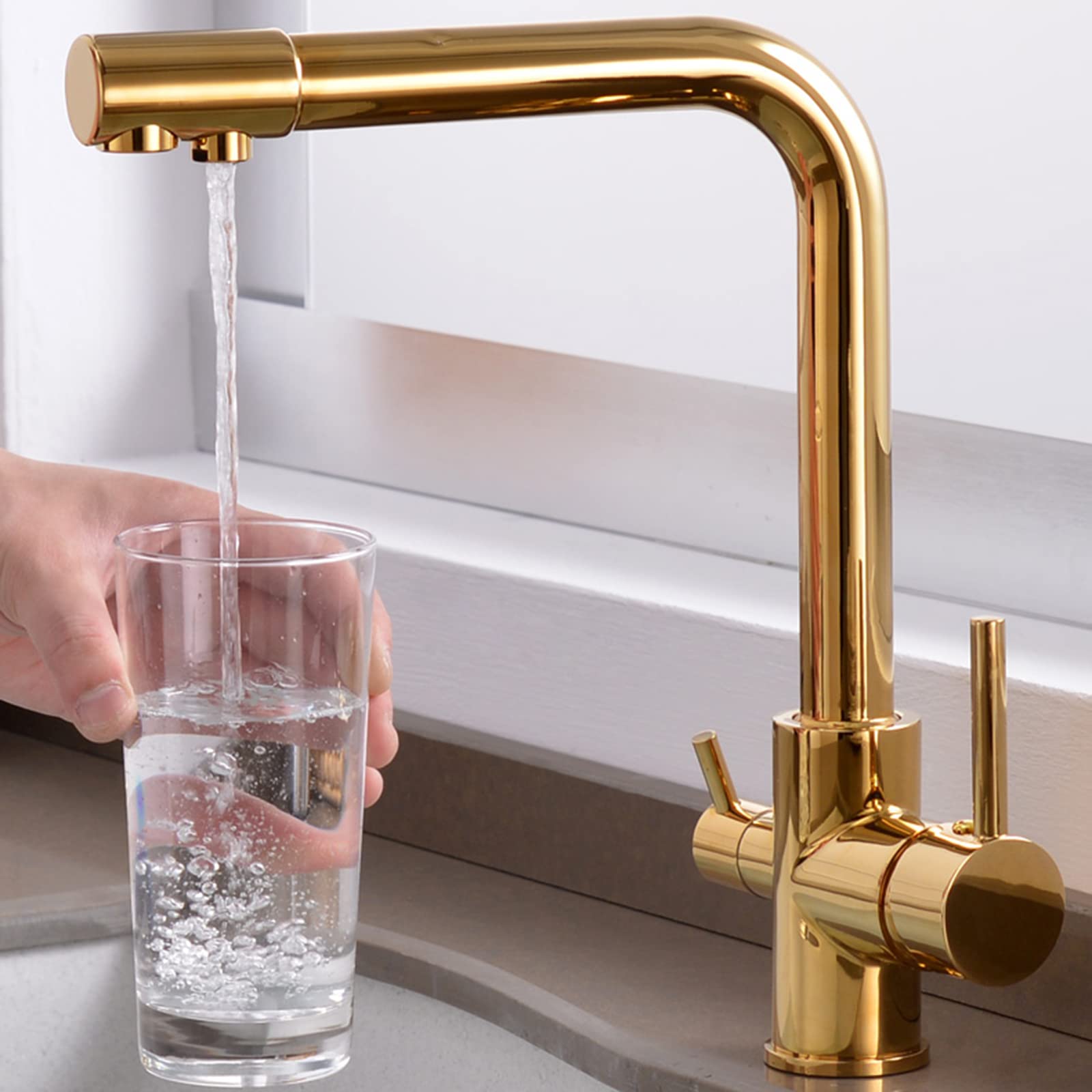 3-Way Kitchen Faucet with Water Purifier - Gold Brass 360° Swivel Spout, Hot & Cold Water Mixer - Perfect for Modern Kitchens, RV, and Outdoor Sinks
