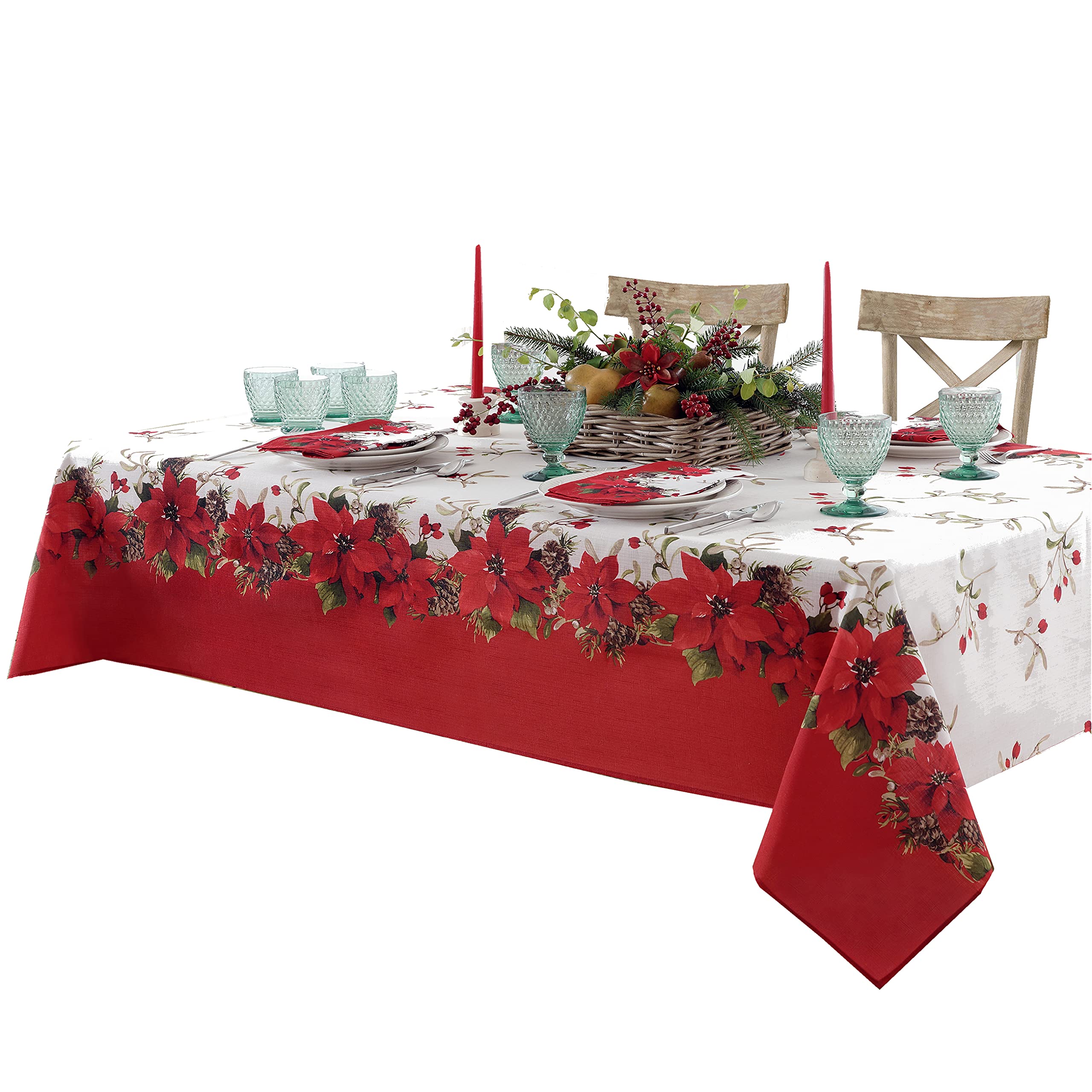 Premium Christmas Poinsettia Double Bordered Fabric Napkins Set of 8 - Holiday Red & White Floral Dining Napkins for Festive Table Decor, Dinner Parties & Seasonal Celebrations