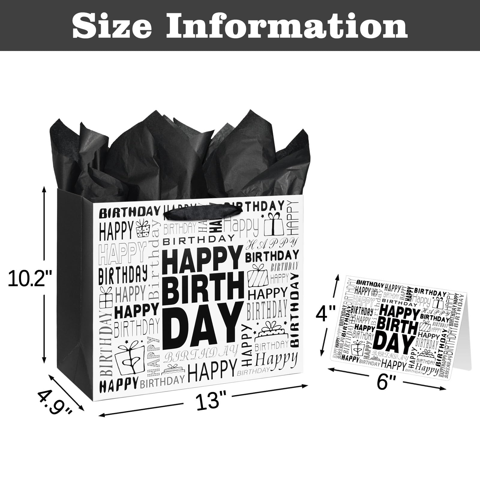 13 Inch Large Black and White Happy Birthday Gift Bag with Tissue Paper & Greeting Card - Perfect for Men, Women, Birthday Parties & Special Occasions