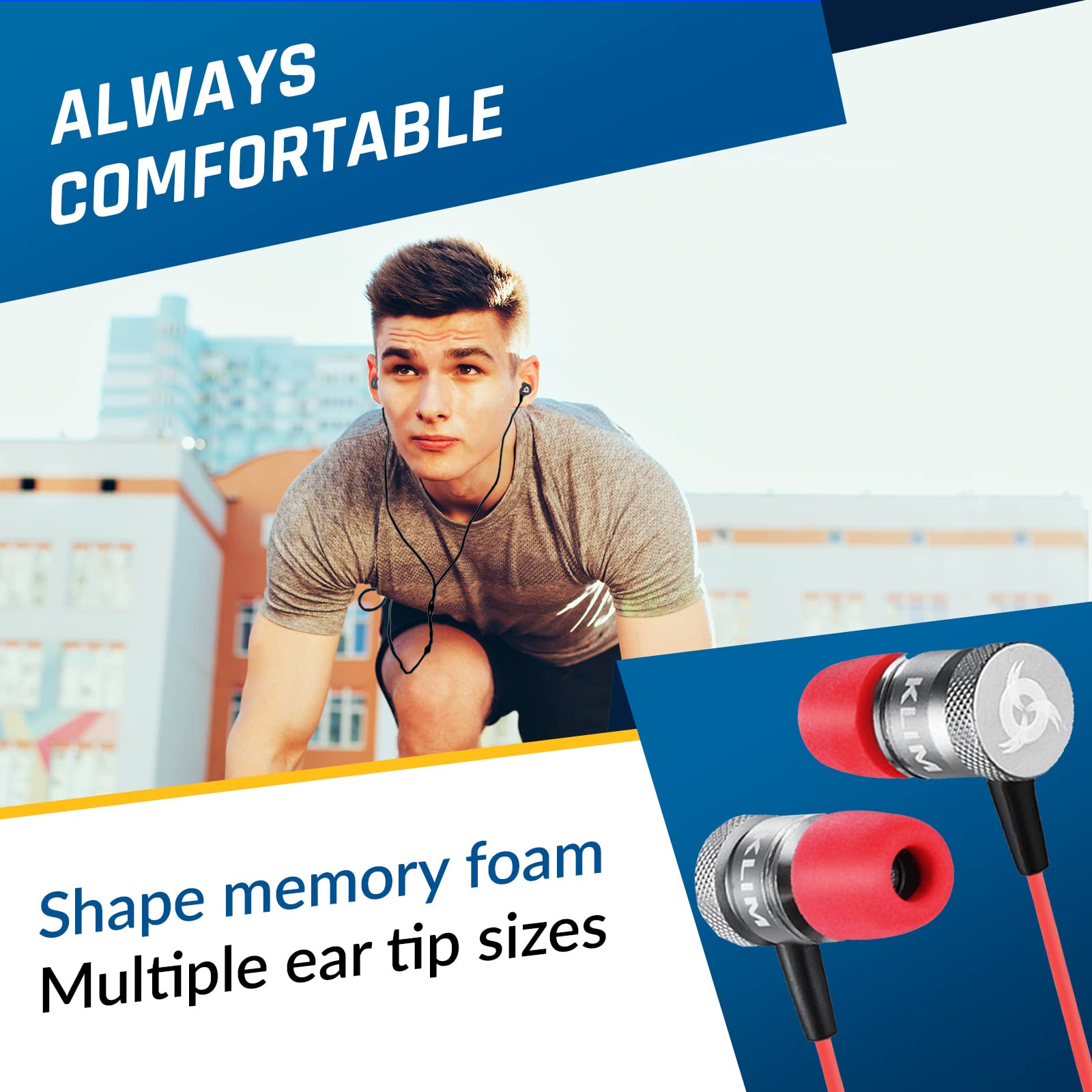 KLIM Fusion Wired Earbuds with Microphone - Memory Foam Earphones for Gaming & Music - 3.5mm Jack Noise Isolation Headphones - 5 Year Warranty (Red) - Perfect for Workouts, Commuting & Online Gaming