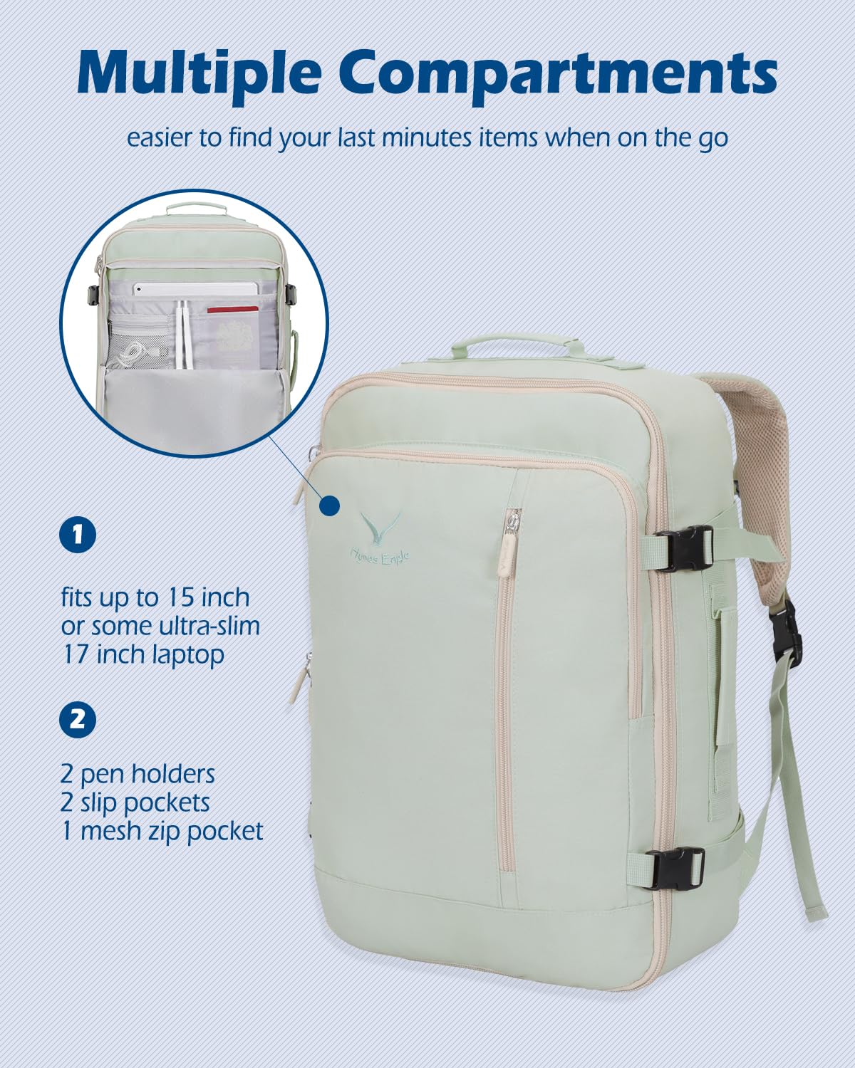 Hynes Eagle 38L Large Carry On Backpack for Women & Men - TSA Approved Travel Backpack, Weekender Bag with 15 Inch Laptop Compartment (Mint Green) - Perfect for Air Travel, Business Trips & Daily Commute