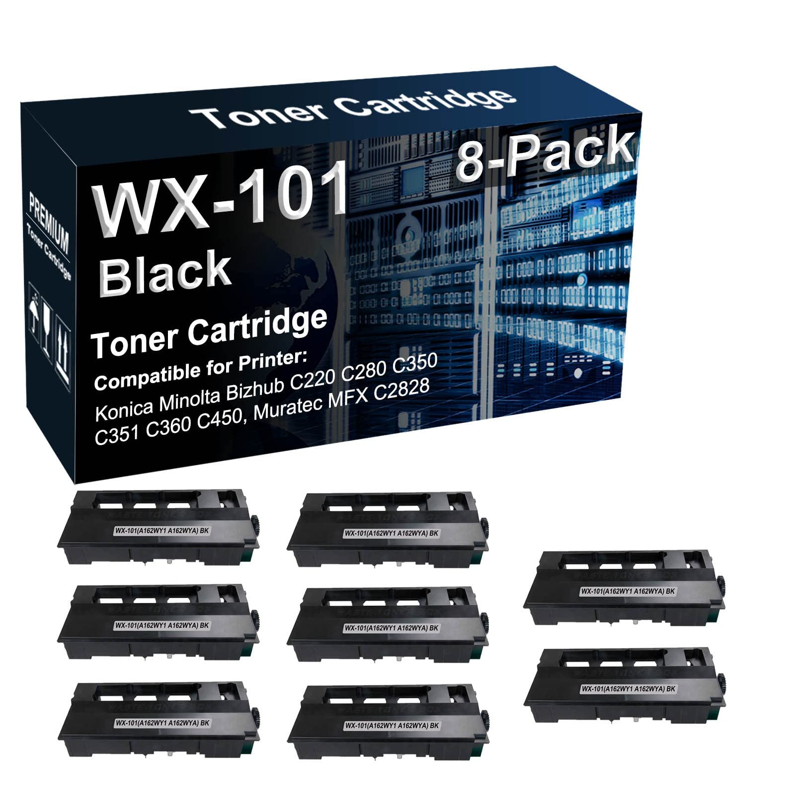 8-Pack High Capacity WX101 WX-101 A162WY1 A162WYA Compatible Waste Toner Cartridge for Konica Minolta Bizhub C220 C280 C350 C351 C360 C450 Printers (Black) - Ideal for Office & Commercial Printing Needs
