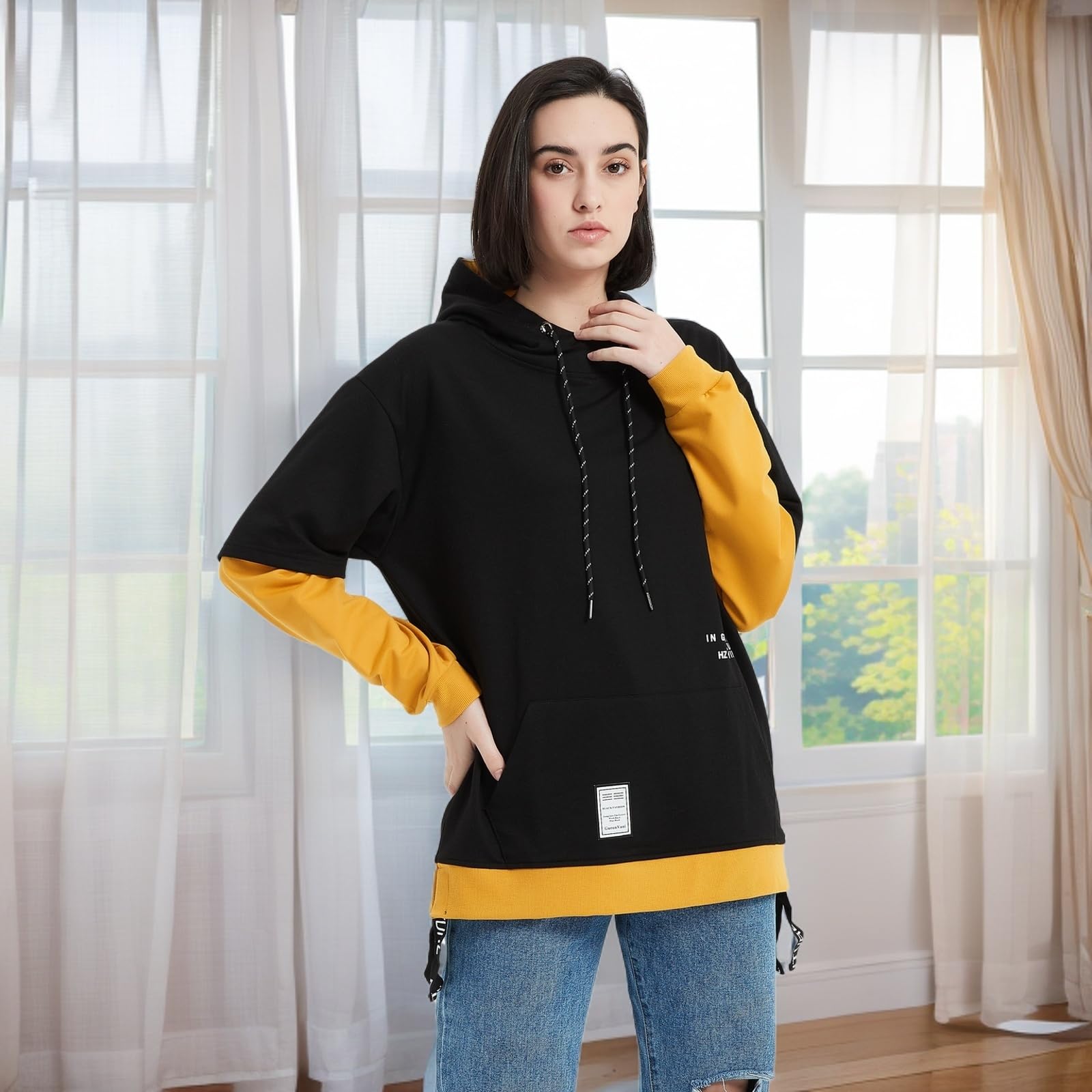 GURUNVANI Men's Contrast Color Pullover Hoodie with Patchwork Design - Stylish Casual Wear for Street Fashion & Outdoor Activities