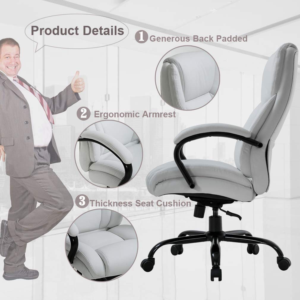 500lbs Heavy Duty Ergonomic Office Chair - Wide Seat PU Leather Executive Desk Chair with Adjustable Lumbar Support & Armrests - High Back Computer Task Chair for Big & Tall People - Perfect for Home Office, Gaming & Workspaces (White)