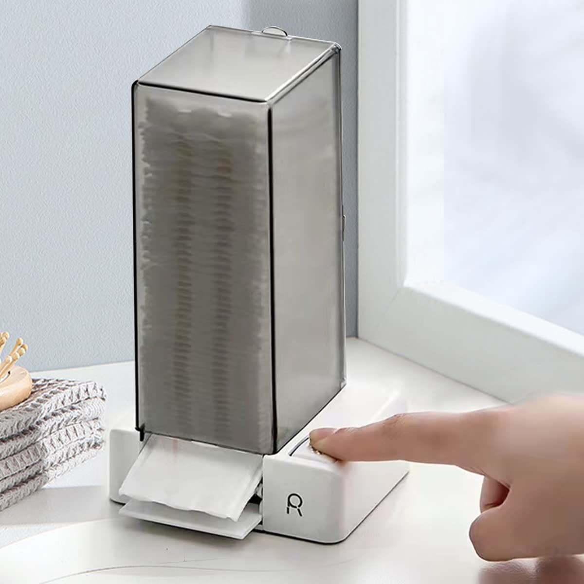 Automatic Cotton Pad Dispenser - Press Out Square Cosmetic Pad Holder for Makeup & Nail Care | Lint-Free Vanity Organizer (Grey) | Perfect for Salon, Bathroom & Travel Beauty Routine